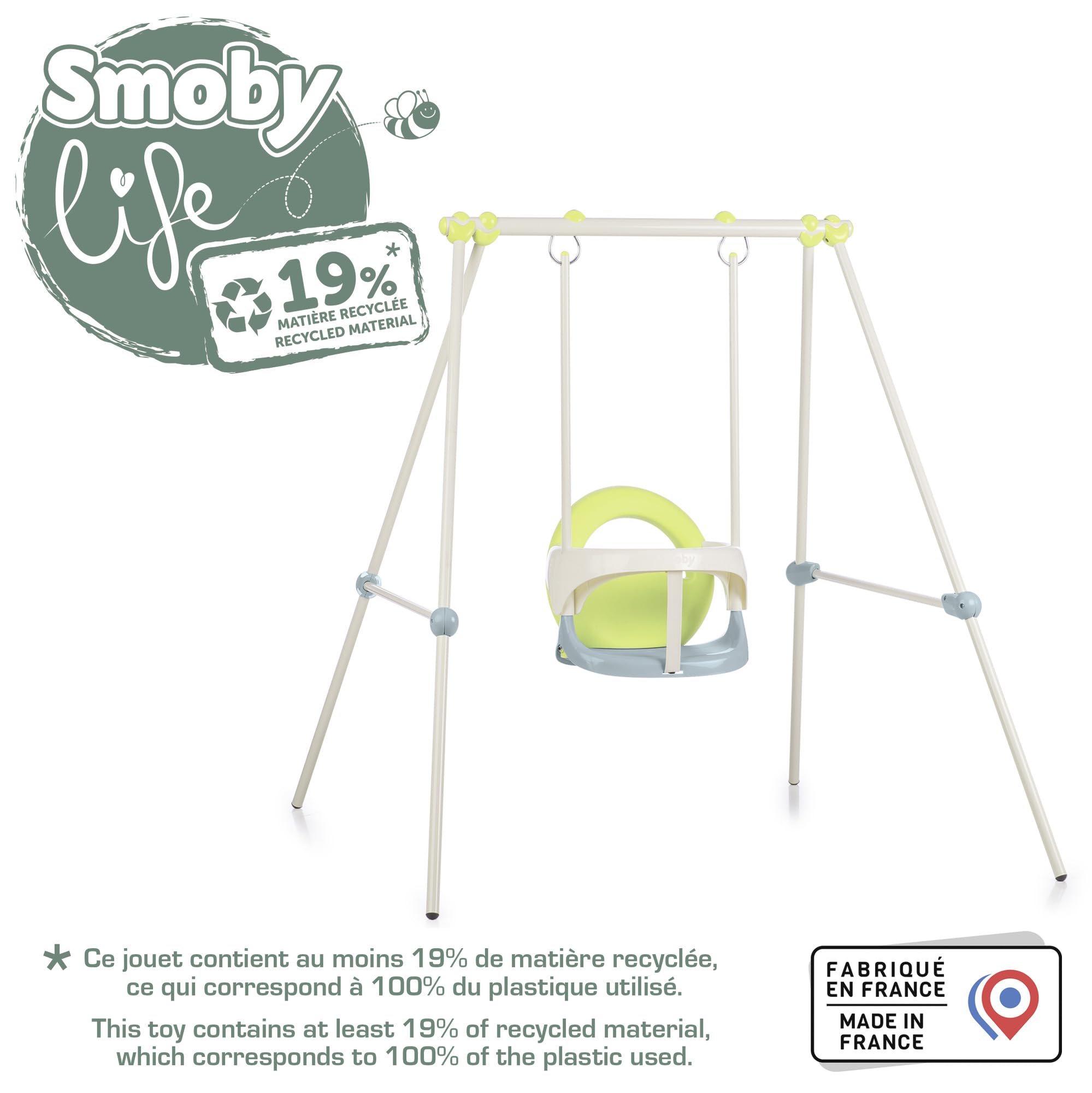 Smoby - Altalena per bambini con struttura in metallo - Altalena per bambini - Interno/Esterno - Altezza 118 cm - Trattamento anti UV - Materiale riciclato - Dai 6 mesi - Prodotto in Spagna