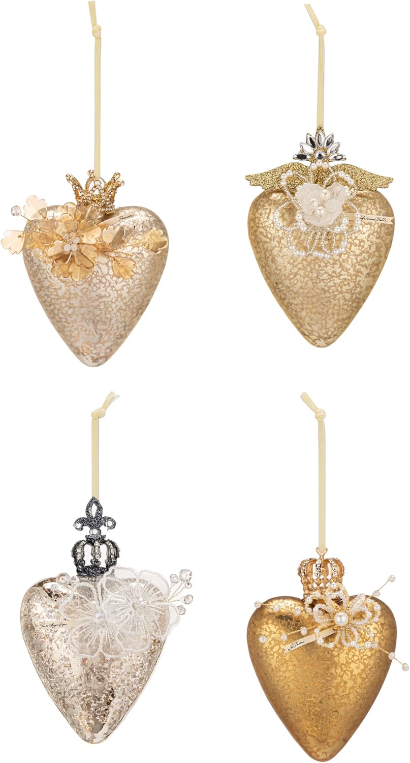 DEMDACO Decorative Holiday Hanging Christmas Tree Ornament 3 x 5 Inch Glass and Acrylic Rhinestone Heart with Flower Assorted Set of 4