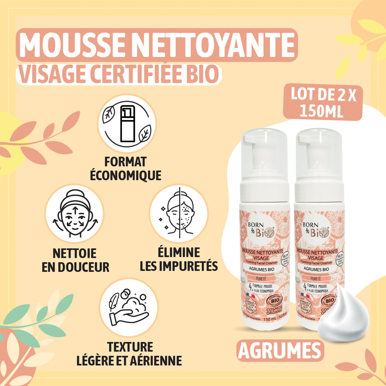 BORN TO BIO Mousse Nettoyante Visage Bio pour Peaux Grasses: Pureté - Lot de 2 x 150ml: Agrumes - Nettoyage Doux et Efficace - Texture Ultra Légère - Certifiée Bio