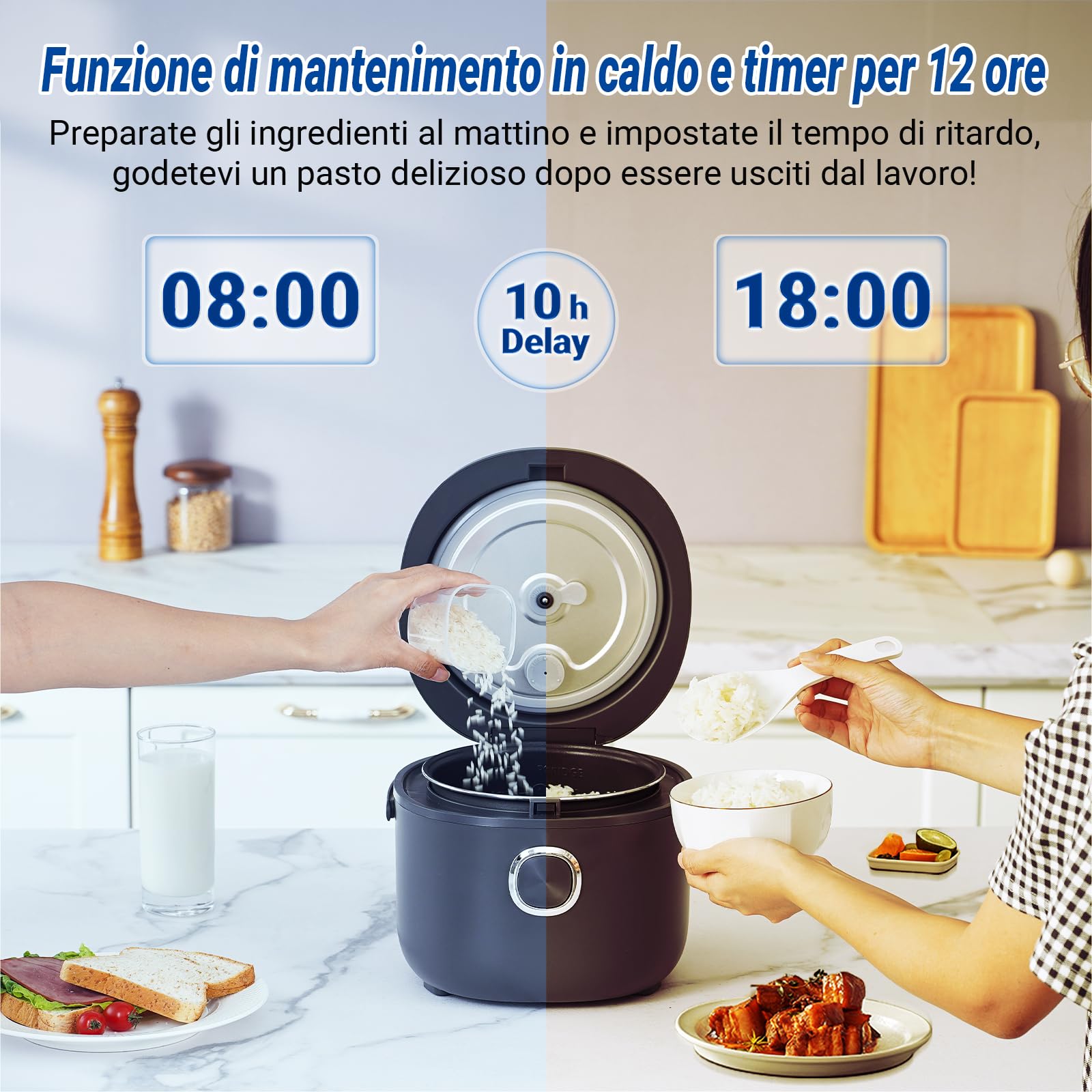 AMZCHEF Mini Cuociriso 2L, Multifunzionale per 1-4 Persone, 4 Tazze (Non Cotte) 400W Rice Cooker, 7 Funzioni di Cottura, con Cestello Vapore Incluso, Preimpostata e Mantenimento in Caldo