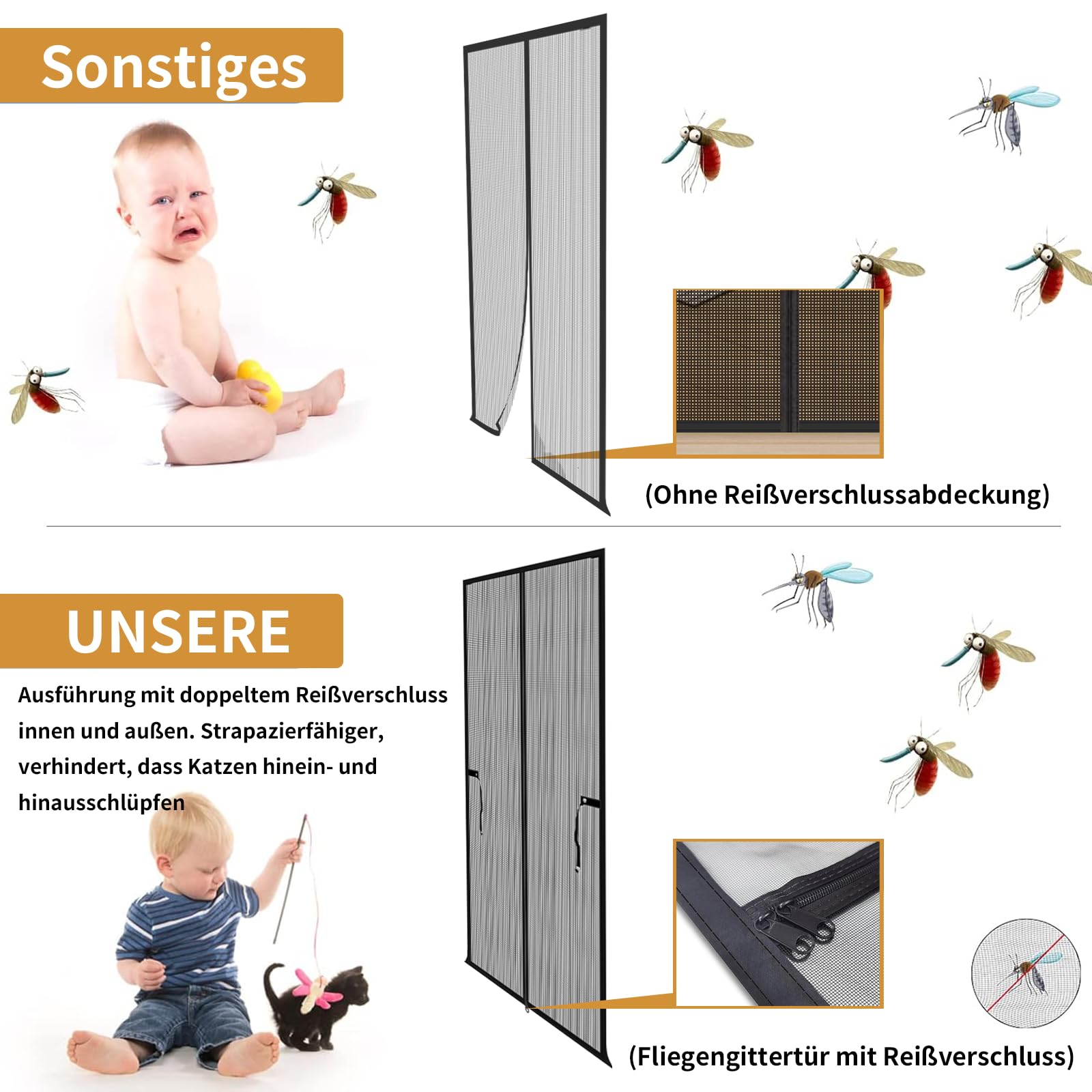 Katzennetz Tür 90x210cm, Fluchtsicher mit Doppelreißverschluss Verstärktes Mesh als Haustür für Katzen, Kratzfest & Atmungsaktiv für Frischluft (Weiß, Innen/Außen)