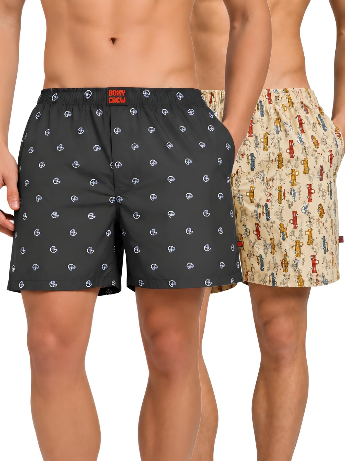 Men Boxer Shorts Pack of 2, 100% Cotton Woven Boxers, Dark Blue & Beige, Printed Designs, Dual Side Pockets, No-Marks Inner Elastic Waistband, Relaxed Fit Lounge & Sleep Shorts-image-32