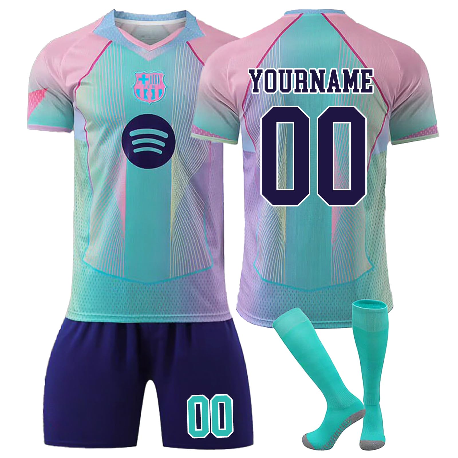 Personalisierbares Fußballtrikot im Barcelona Stil für Jungen und Kinder, Komplett Fußballset mit Trikot, Shorts und Socken, atmungsaktiv, schnell trocknend, Sportbekleidung für Training und Freizeit