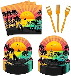 96Pcs Summer Seaside Sunset Plates Napkins Beach Birthday Party Supplies Sunset Sea Tropical Palm Trees Paper Disposable Tableware Set Forks Hawaii Happy Birthday Party Dinnerware Kits Serve 24 Guests