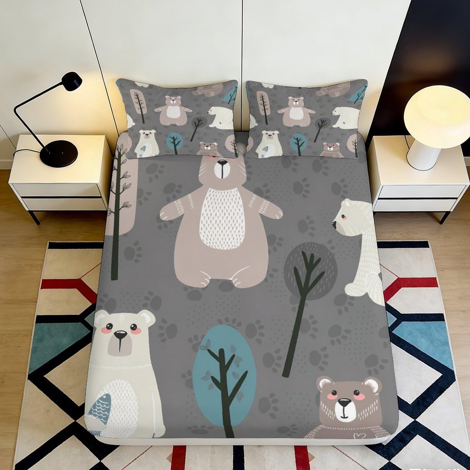 3D Printed Cartoon Bear Fitted Sheet Microfiber Soft Grey Animal Forest Mattress Cover for Bedroom Dorm Room Decor 90x200x25cm