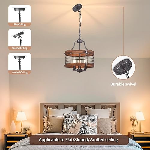 Miniatura 4 de Lámpara de techo vintage de madera estilo granja, 3 luces circulares modernas de metal y madera, lámpara colgante de tambor rústico con cadena