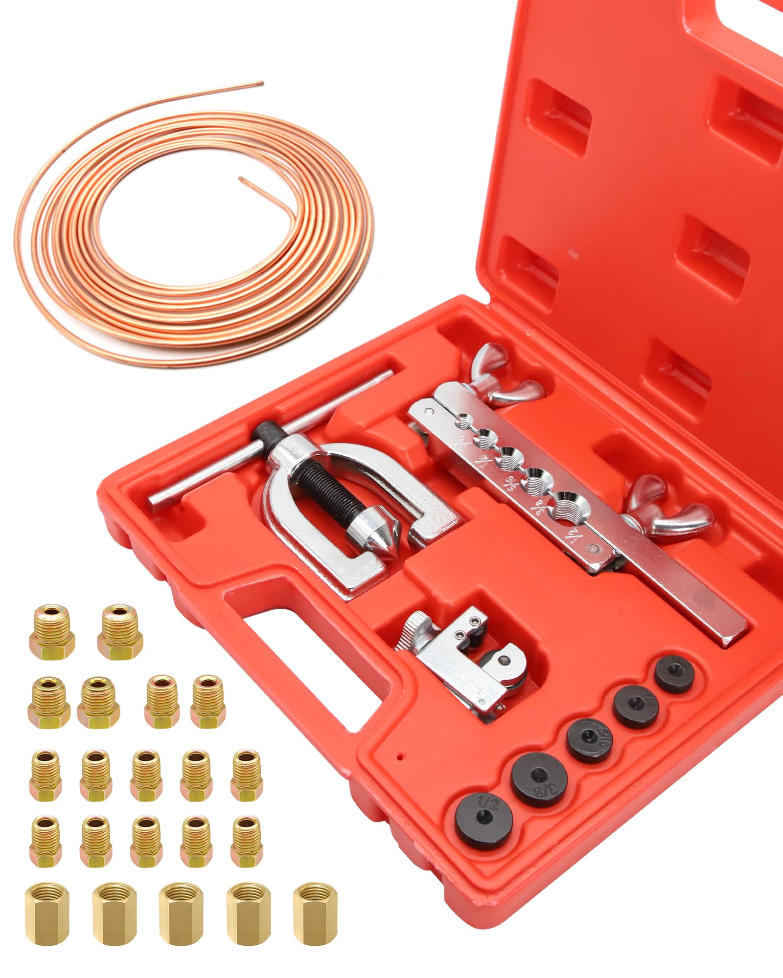 RUIZHI Attrezzi Svasatura Tubi Freno, con 7,62m Ø 4,75mm Tubo di Freno, con 16 Connettori + 5 Connettori, con 45° Condizionamento Svasatura Tubi Rame, Taglierina per Tubi di Rame 3-28mm
