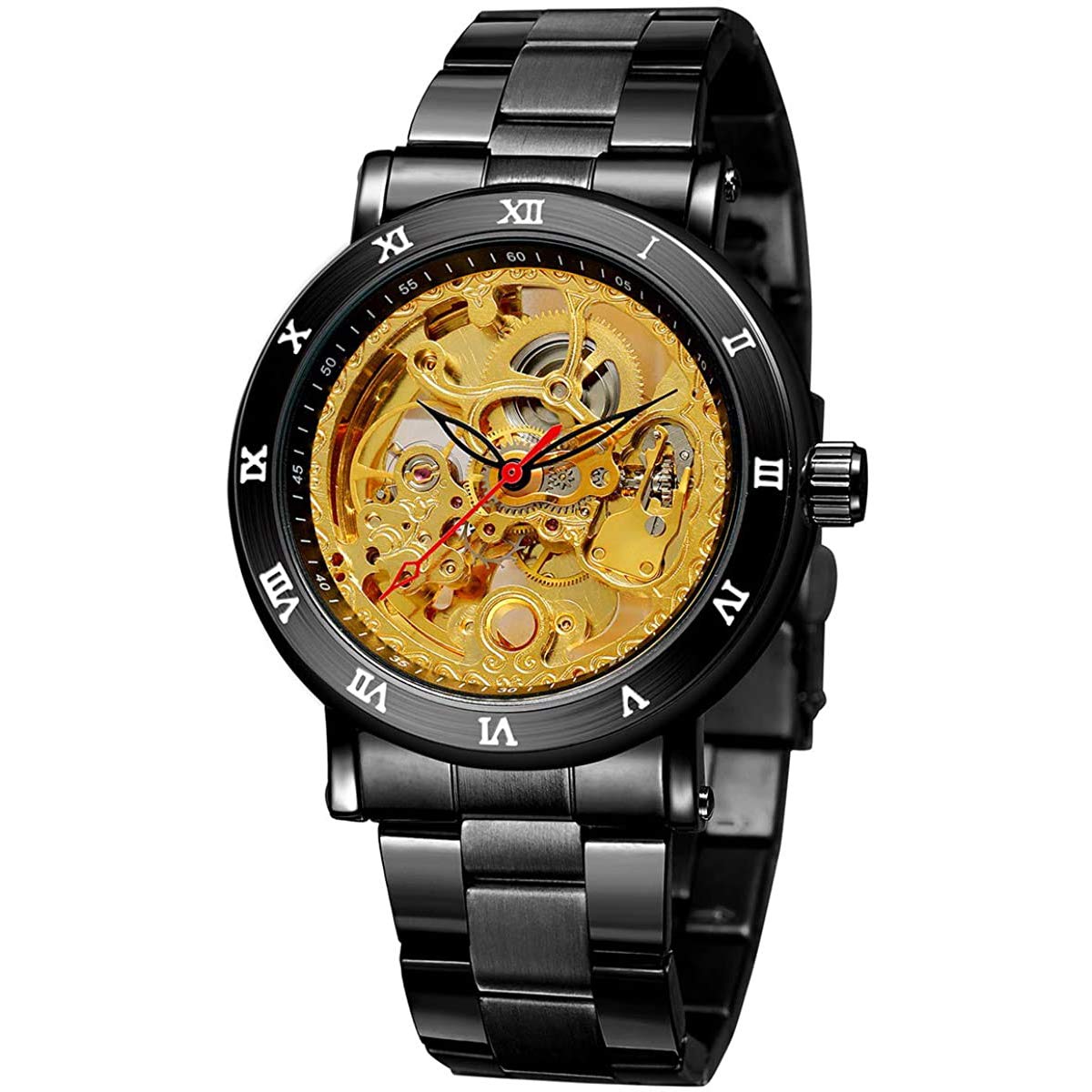 MASTOP Orologio da uomo meccanico automatico, in acciaio inox, a carica automatica, con scheletro, numeri romani