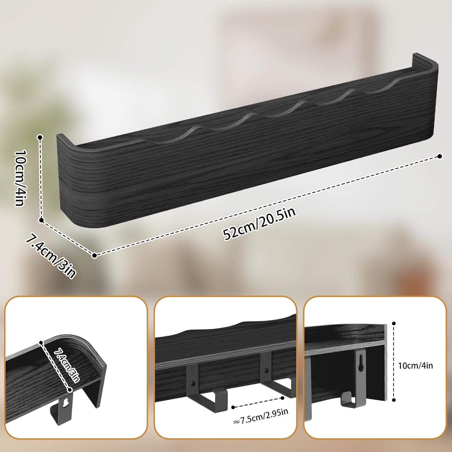 wall mounted coat rack with shelf, wooden entryway organizer with hidden metal hooks for hanging coats bags keys, modern floating shelf for hallway bathroom black wavy 5 hooks