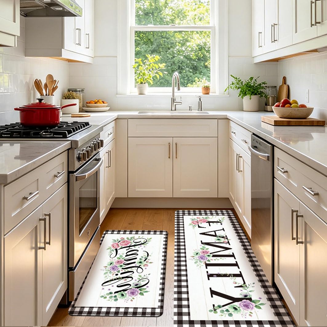 Set di 2 tappeti da cucina in stile rustico con fiori di famiglia, anti-affaticamento, antiscivolo, lavabili, comodi, decorazione per la casa, lavanderia, corridoio, ingresso, bagno, 43 x 76
