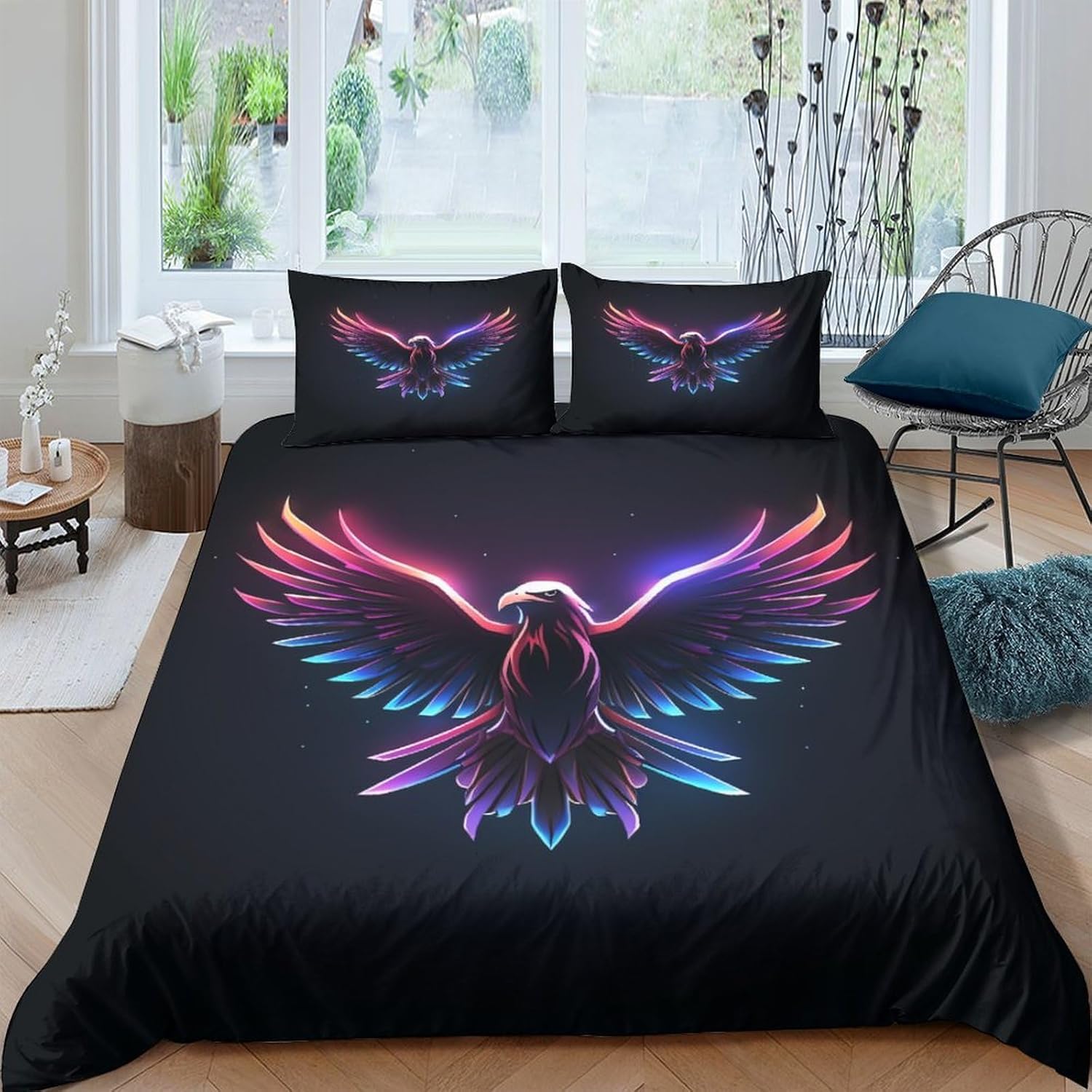 Housse de couette aigle 200x200 imprimé 3D anti-plis, parure de lit zippée avec 2 taies 65x65