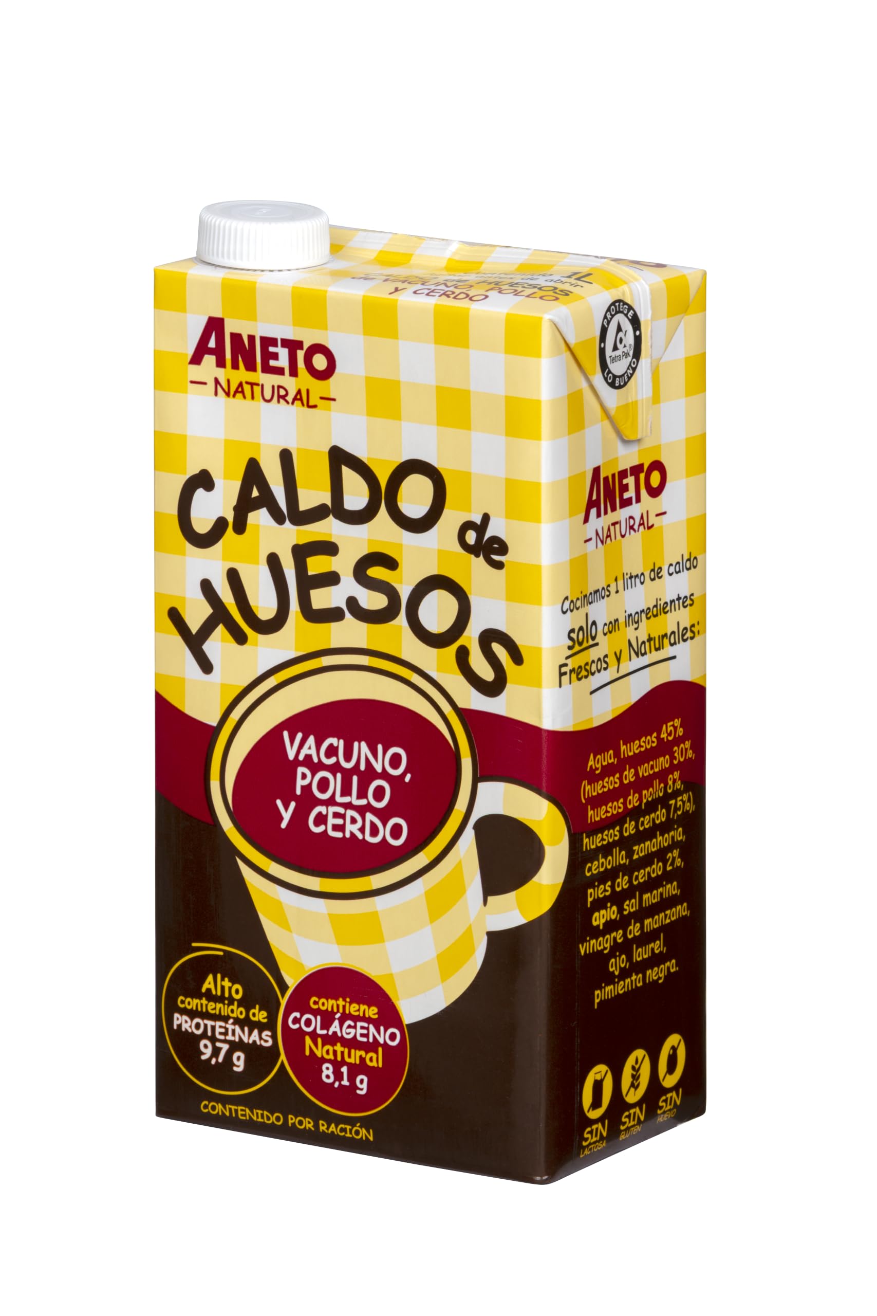 Aneto 100% Natural - Caldo de huesos de vacuno, pollo y cerdo - caja de 6 unidades de 1L