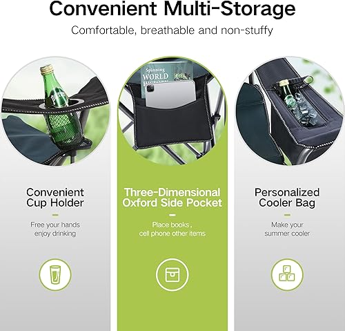 Miniatura 8 de GREEN PARTY Silla plegable de camping de gran tamaño resistente con bolsa refrigeradora, soporte para tazas, bolsillo de almacenamiento, silla