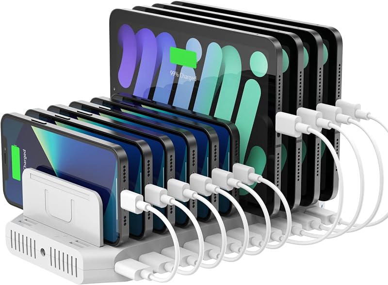 Estación de carga para iPad USB de 96 W y 10 puertos con carga rápida 3.0 | Para múltiples dispositivos, carga 8 iPads a la vez, tecnología BC1.2, divisores ajustables mejorados, certificación UL CE FCC RoHS