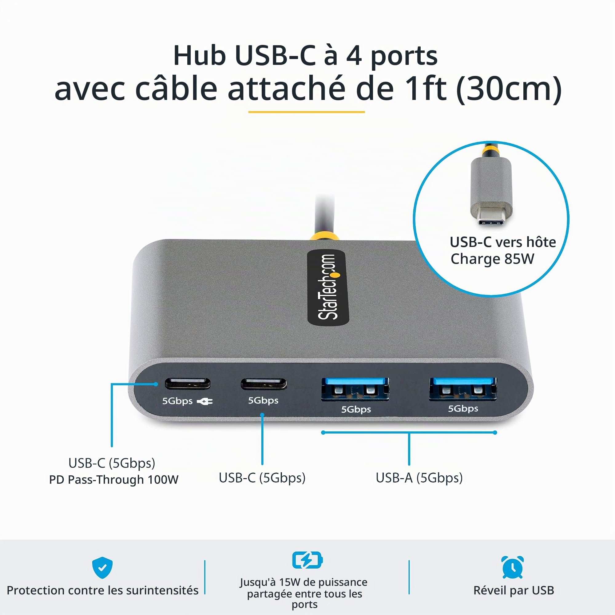 StarTech Hub USB-C 4 Ports 5Gbps, 100W Power Delivery (5G2A2CPDB-USB-C-HUB) | Station d'accueil, dock, Mini hub, Répartiteur, USB-C vers USB-A, Câble 30cm