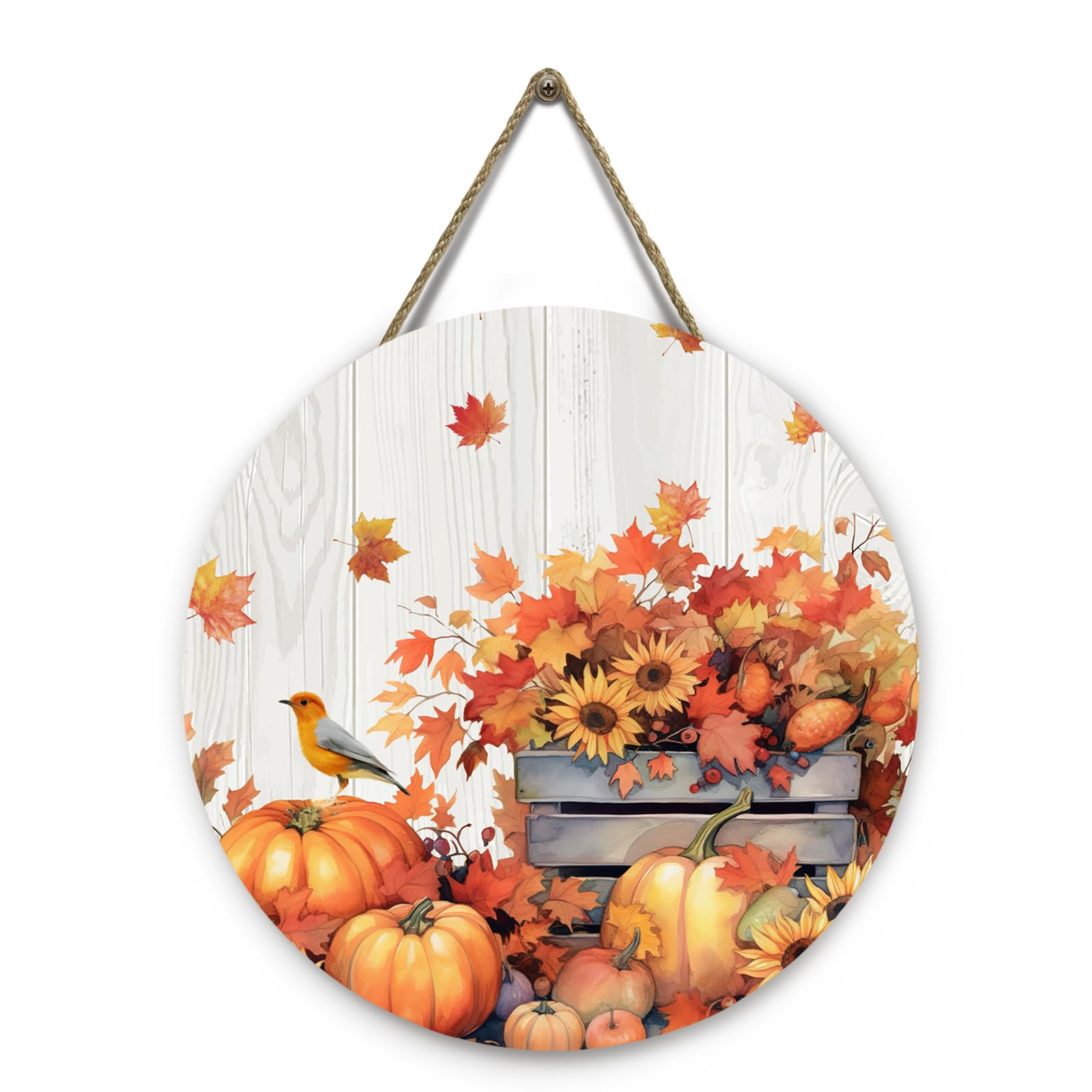 Fall Door Sign Wooden Autumn Pumpkins Door Hanger Maple Leaf Sunflowers Bird Sign for Outdoor Porch Wall Fall Harvest Hanging Decorations