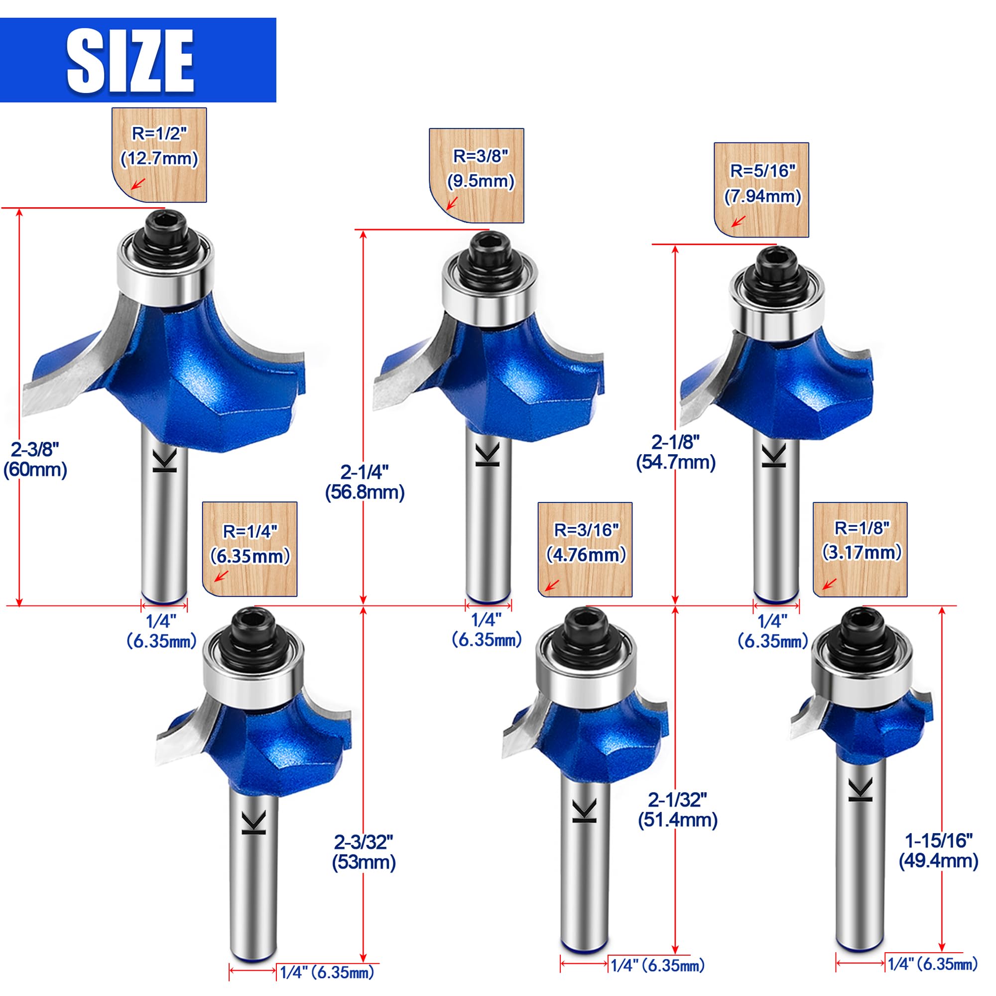 Roundover Router Bits - 6 Sizes for Woodworking -2