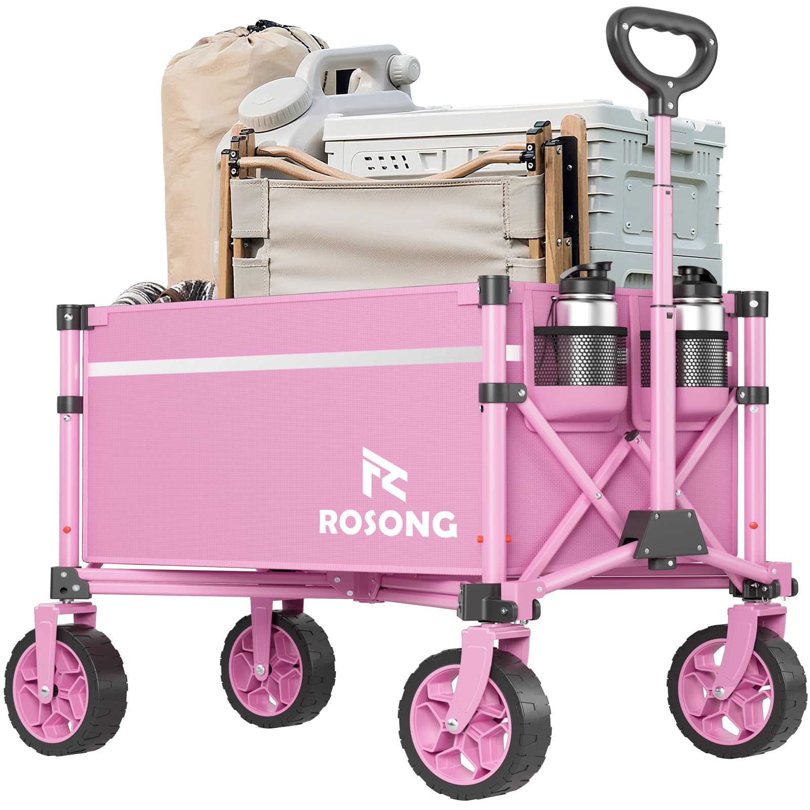 ROSONG Collapsible Wagon Cart with Wheels Foldable - Folding Utility Heavy Duty Wagons Carts for Grocery Sports Garden Shopping Camping Wheelbarrows (Pink, 90L)
