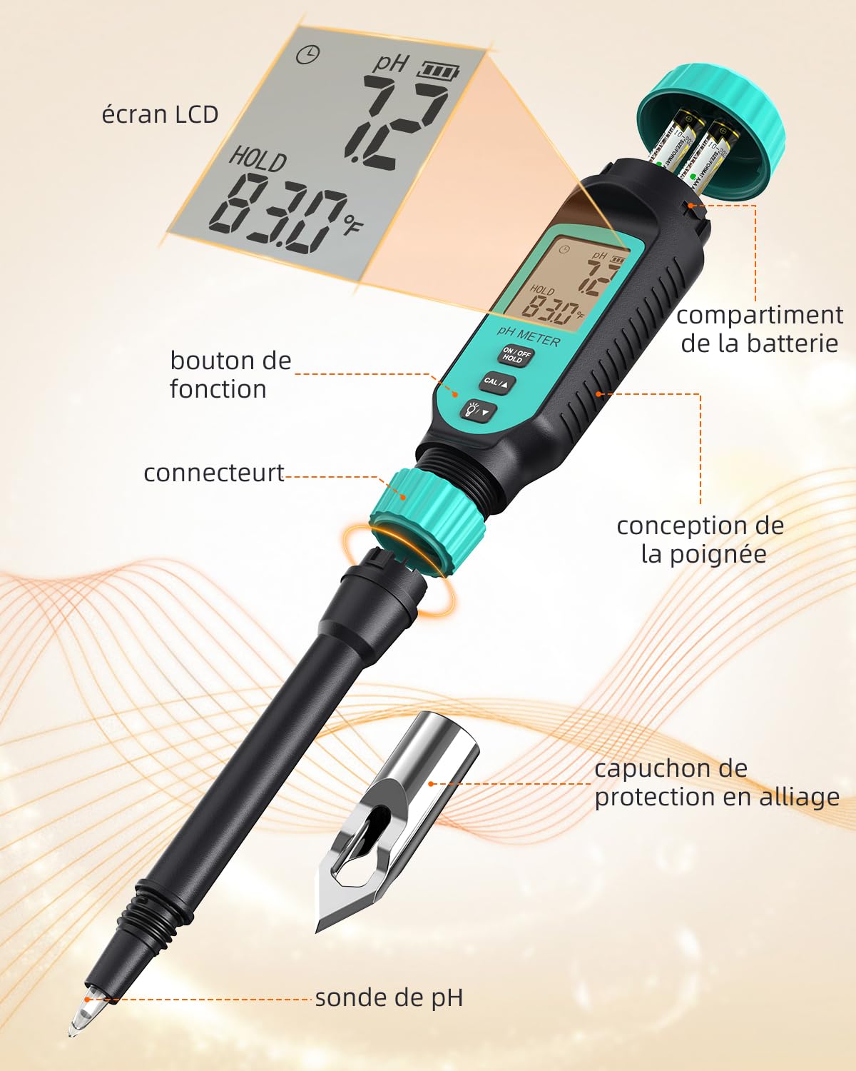 Tadeto pH Mètre pour Sol, kit de test de pH Nnumérique pour le sSol, le Jardin, l'eau, les Solutions et les Aaliments avec Couvercle de Protection en Alliage et Affichage LCD