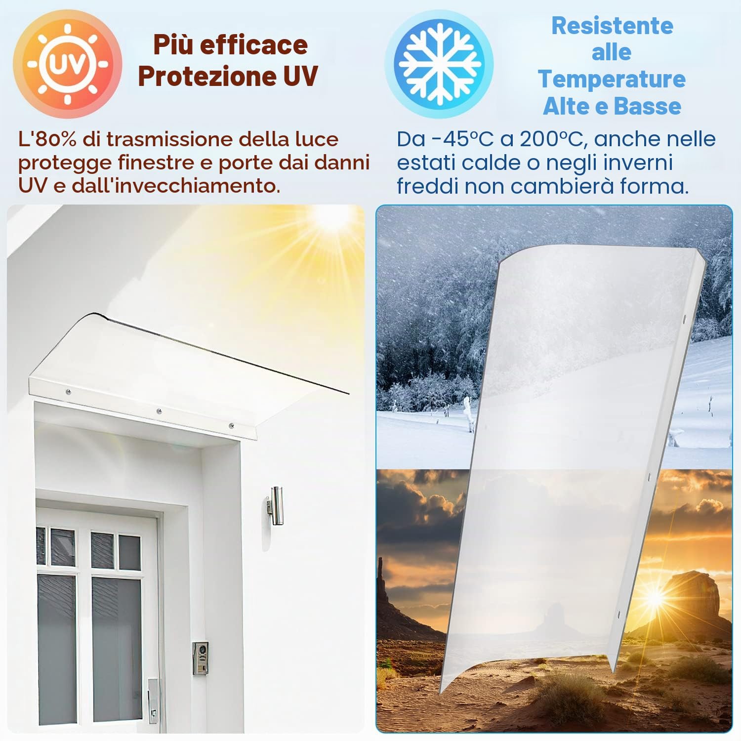 Tettoia per porta di casa, 40 x 80 cm, in policarbonato trasparente, per balcone, finestra, ingresso di casa, protezione antipioggia