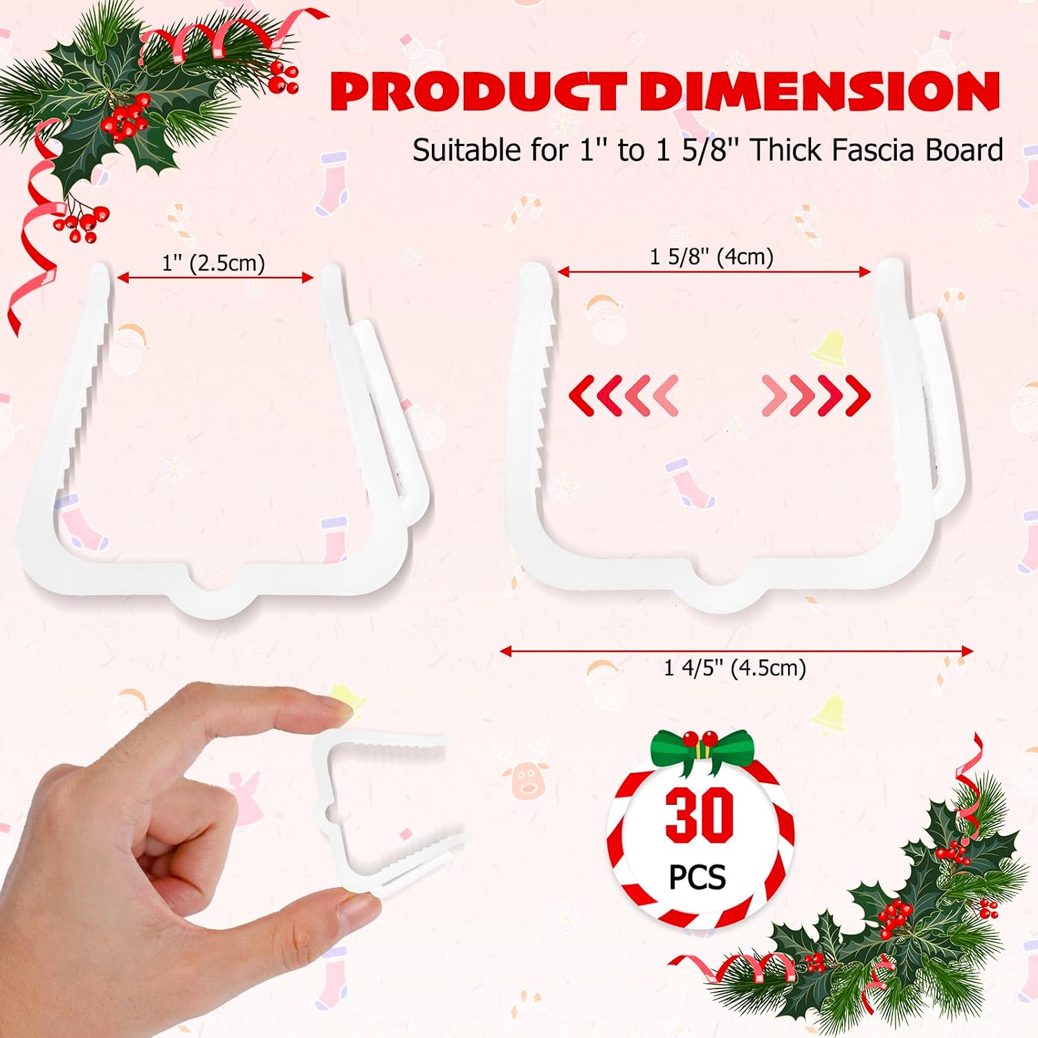 Christmas Light Hanger Clips, Fascia Board Clips, Deck Banister Light Clips, Plastic Holiday Light Clips for Christmas Fascia Board Roof Gutter Fence Eave Decoration (30 PCS, 1 5/8")