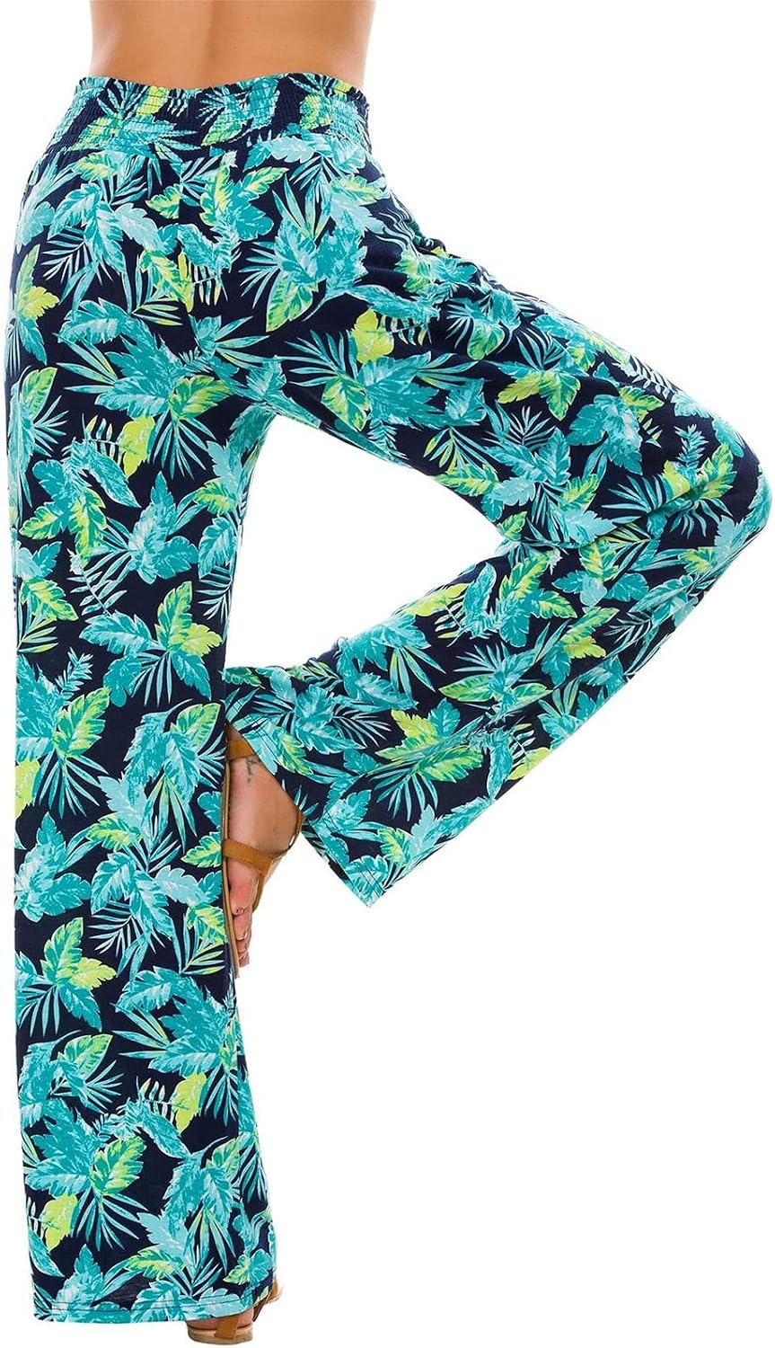 DGHM-JLMY Ladies Wide Leg Casual Floral Print Pants Lounge Stretchy Summer Pants Beach High Waist Loose Pants with Pockets