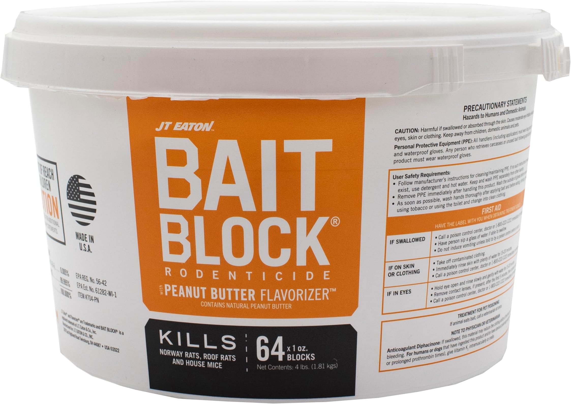 JT Eaton 704-PN Bait Block Anticoagulant Rodenticide, Peanut Butter Flavor, for Mice and Rats (4 lb Pail of 64)