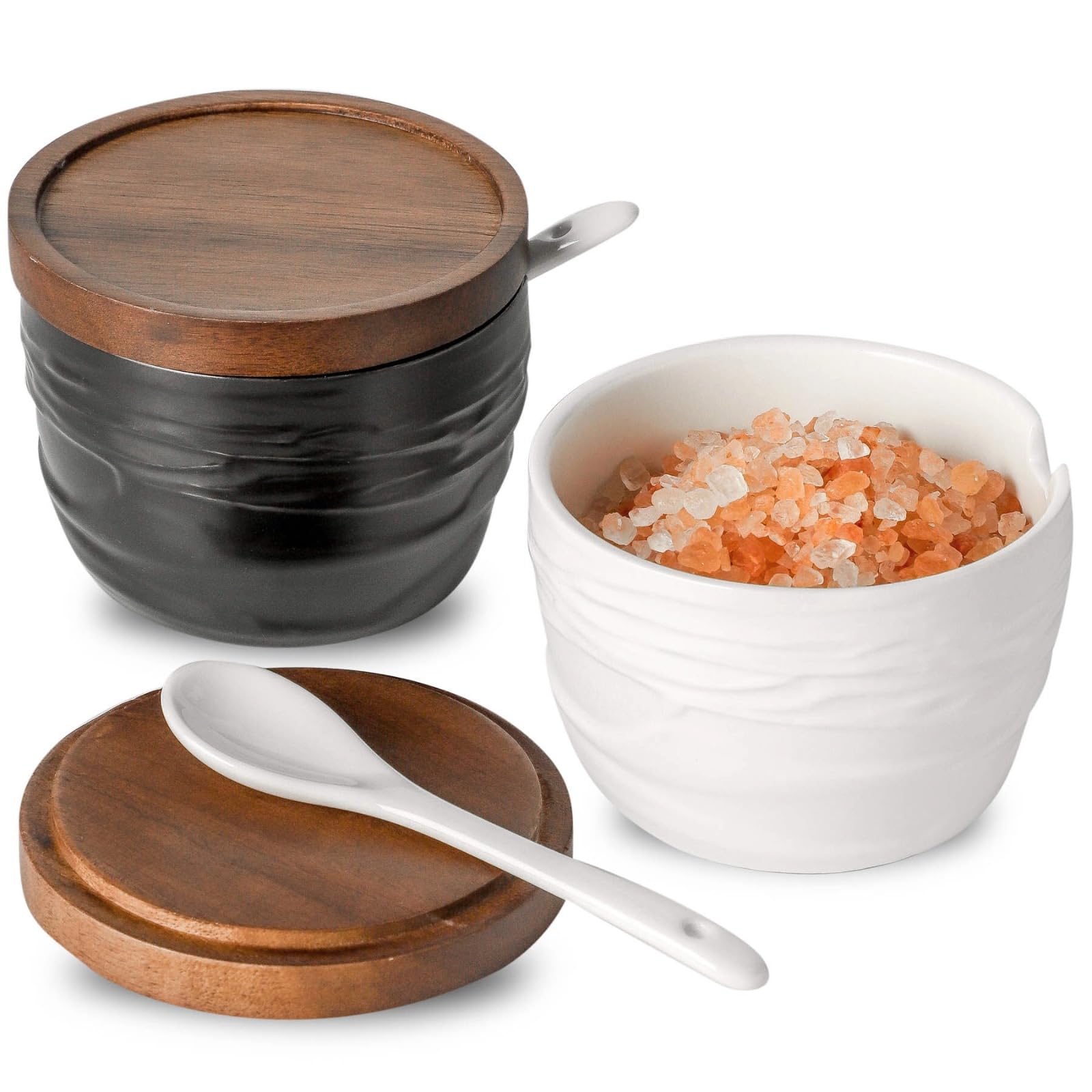 Besmeety Gewürzdosen Keramik 3er Set mit Löffel und Deckel, Gewürzgläser Porzellan Set, Salzdose mit Acacia Holz Deckel, Zuckerdose Keramik, Gewürzbehälter, 250ML (Schwarz, Weiß)
