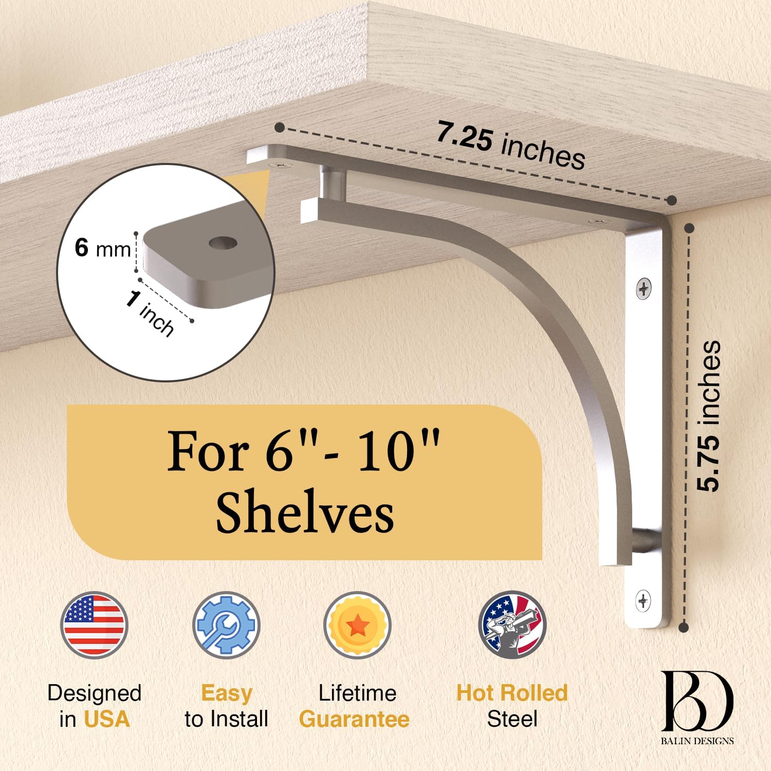 Classic Silver Heavy Duty Shelf Brackets 8 inch by Balin Designs – Chrome L Bracket, Wall Mounted Support, Shelving Metal Bracket, Decorative Shelf Brackets, with Hardware Included, Set of 4