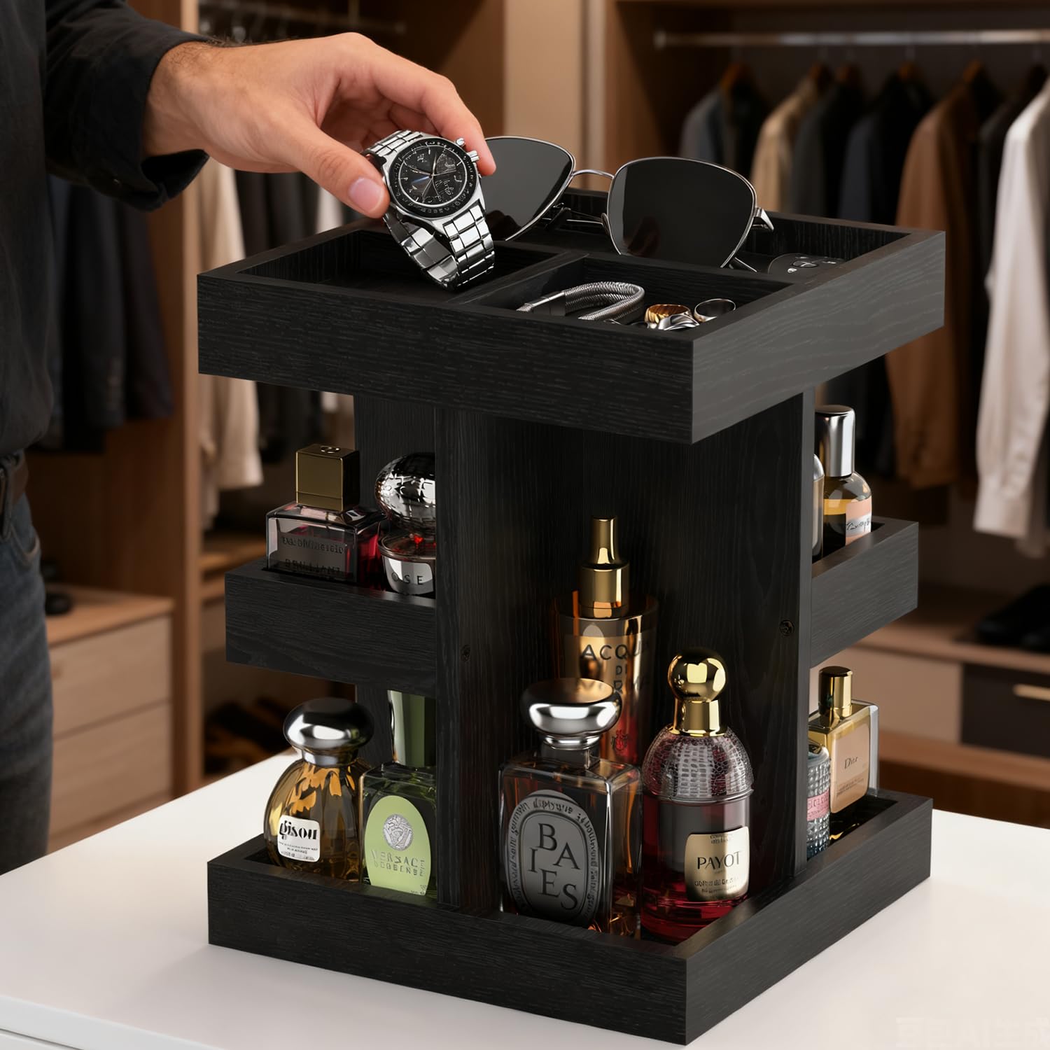 Rotating 3-Tier Solid Wood Cologne Organizer