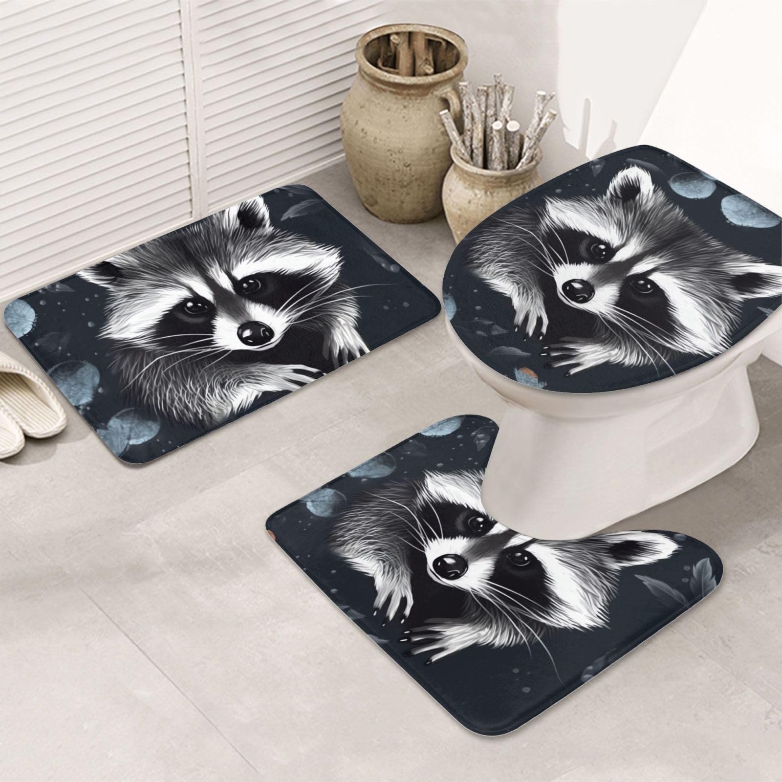 Tapis de salle de bain en U motif raton laveur lot de 3 absorbants et antidérapants