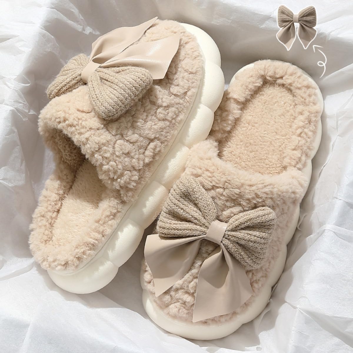 Plush Cute Bow Slippers for Women – Furry Comfy Indoor Outdoor Non-Slip House Slippers - Image 6