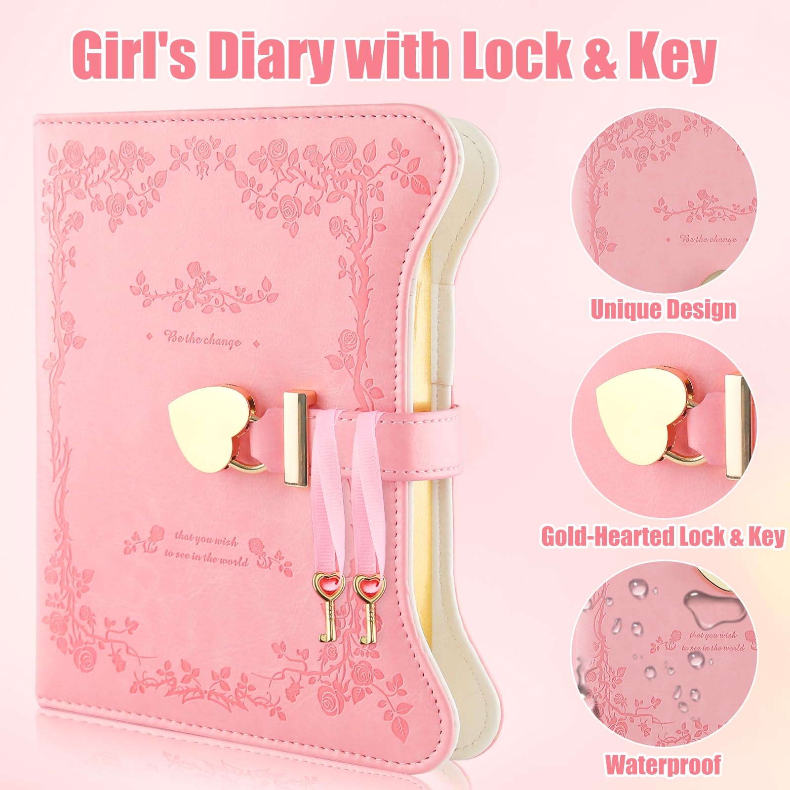Diario con lucchetto per ragazze, set regalo con lucchetto a forma di cuore | Taccuino con bordo dorato, 360 pagine, con penna a sfera e segnalibro, idea regalo per ragazze 8-13 anni