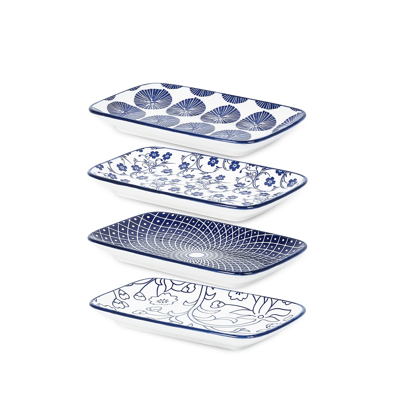 Selamica Ceramic Rectangular Salad Plates Set of 4, 8 Inch Small Serving Plates for Appetizers, Sushi, Fruit, Vintage Blue