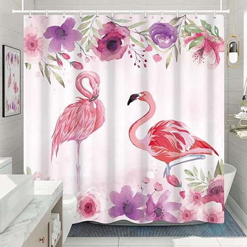 Miniatura 2 de Cortinas de ducha de flamenco rosa para baño, cortina de ducha floral de 72 pulgadas de ancho x 72 pulgadas de largo, hoja de palma verde, planta