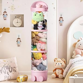3-Tier Stackable Plush Toy Storage Container, Clear Plastic with Sliding Lid, Large Capacity Organizer for 65 Stuffed Animals Blush Pink