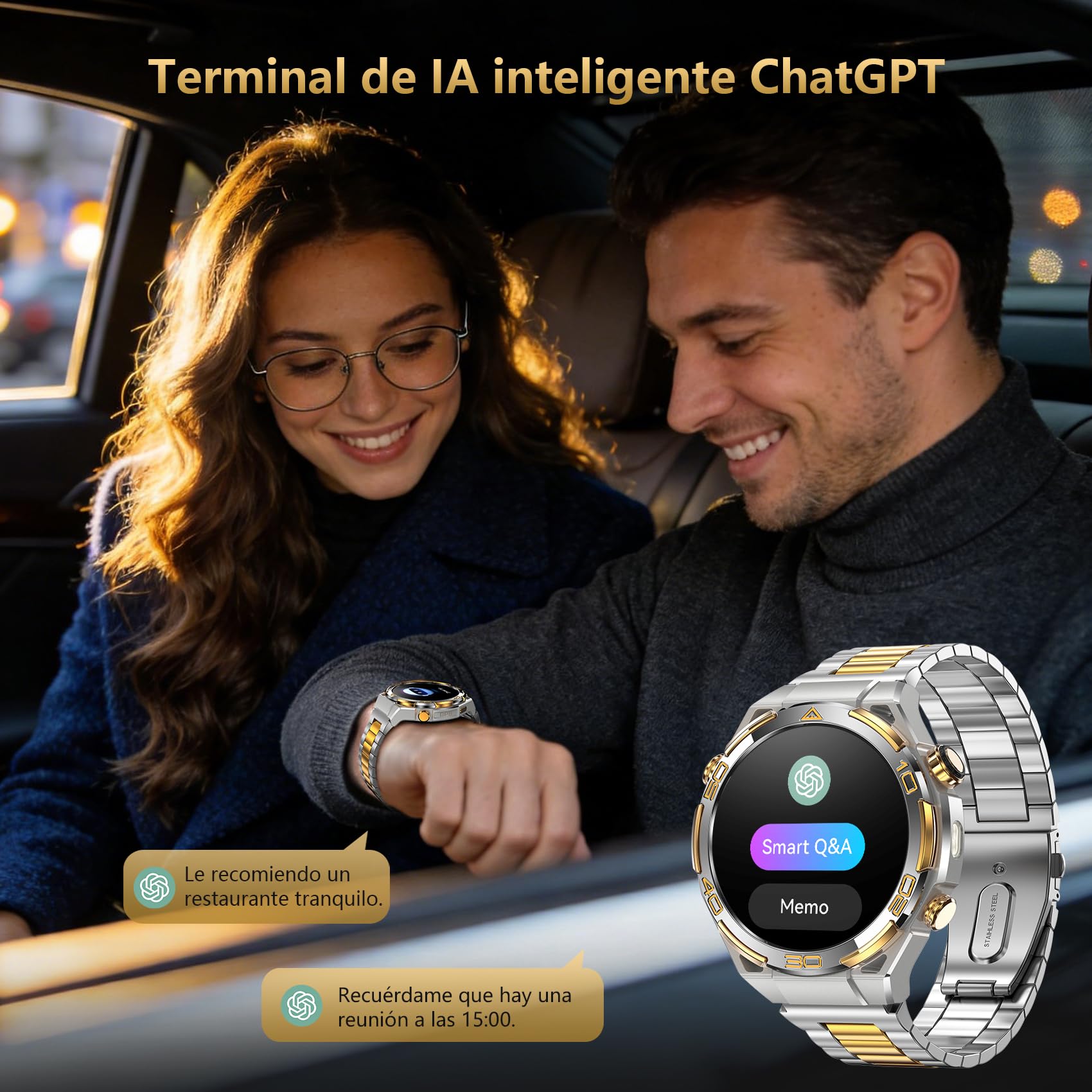 IOWODO Reloj Inteligente Hombre con GPS, Smartwatch 1.43" AMOLED con Llamadas Bluetooth, Chapado 14K, Linterna y Brújula, 20 Días Batería, Monitor Salud, 327 Esferas,100+ Deportes, IP68, 2 Correas