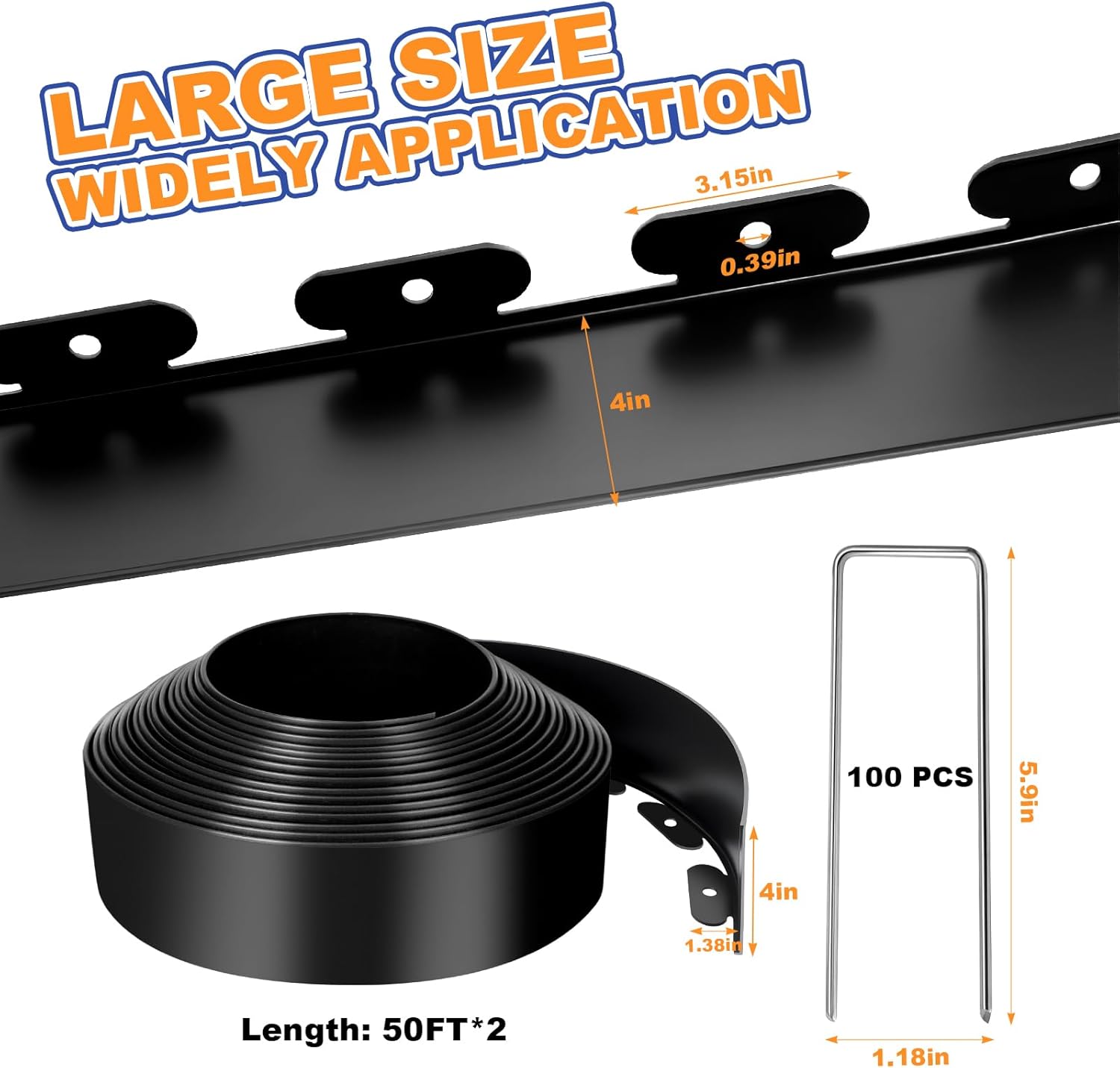 4 Inch x 100 FT (Multiple Sizes Available) Landscape Edging, Garden Edging Borders with 100pcs Upgrade Stakes, Flexible No Dig Plastic Garden Border for Lawn, Landscaping, Flower Beds, tree and Yard