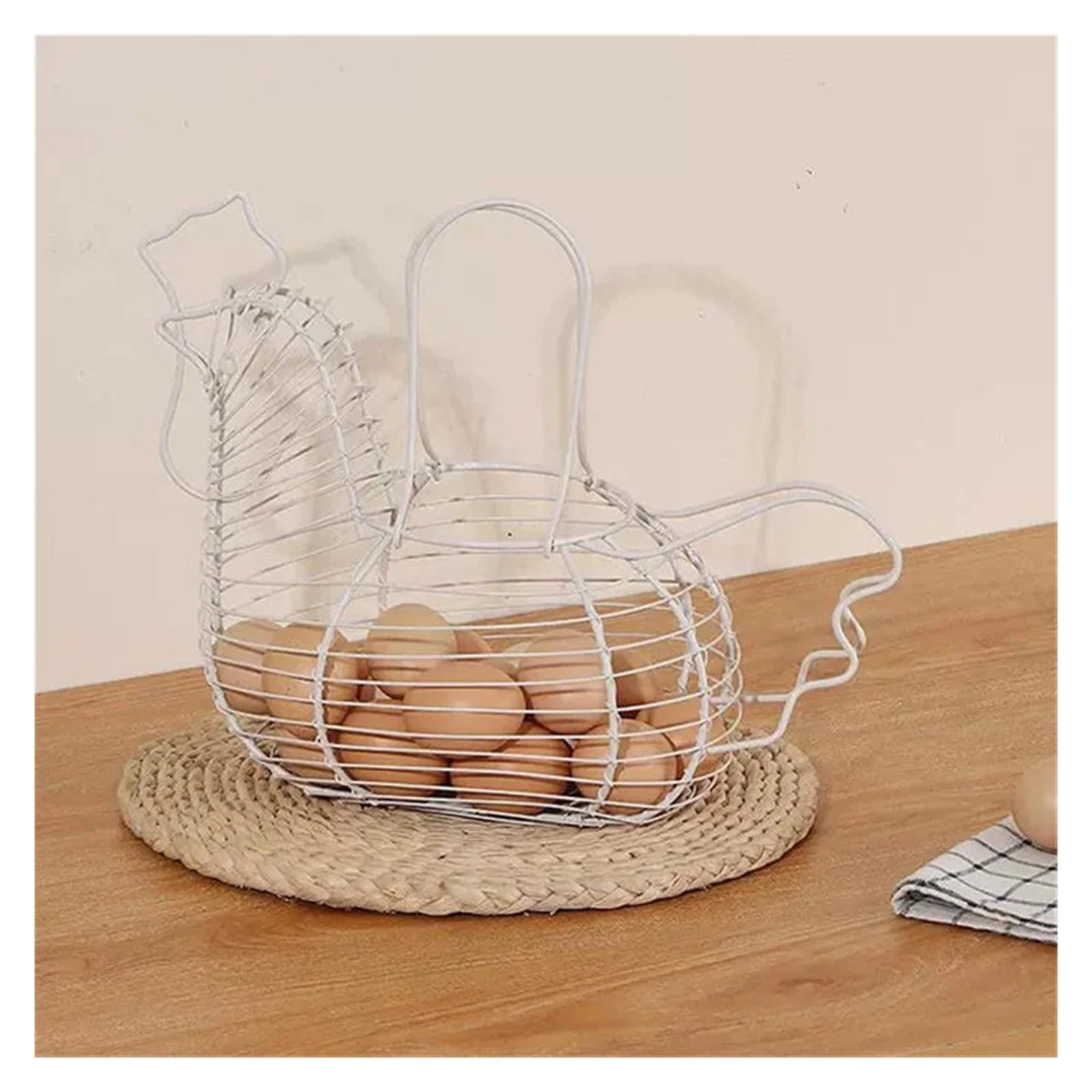 Egg Holder Storage Basket, Iron Art Eggs Storage Basket Chicken Shaped Egg Holder Household Vegetables Fruit Container(White)