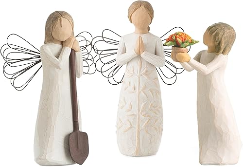 Willow Tree Figura de ángel del jardín más un árbol, una figura de ángel de oración y figura de cosas pequeñas, juego de 3 piezas esculpido pintado