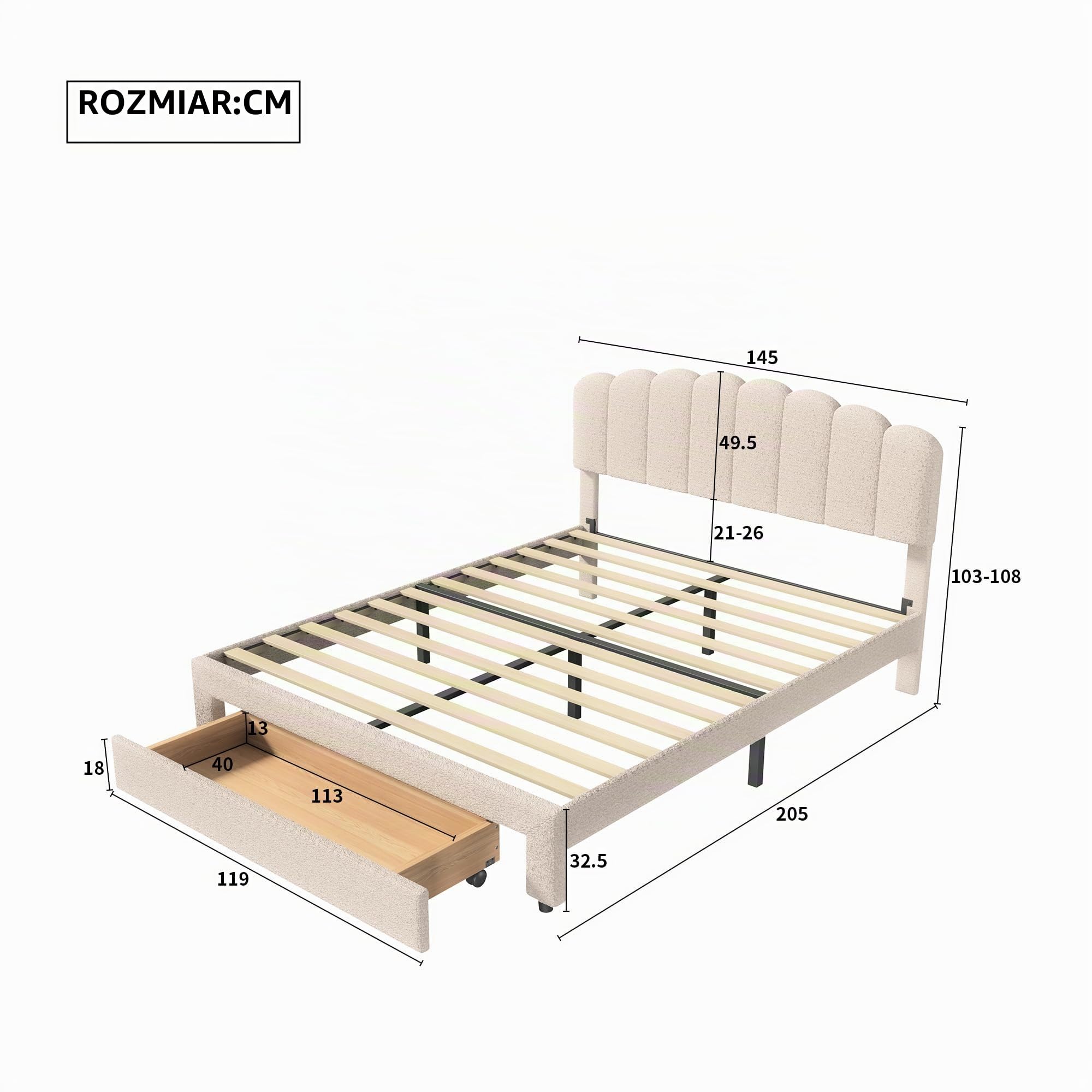 Łóżko tapicerowane 140 x 200 cm, z szufladą do przechowywania, podwójną ramą łóżka i gniazdem USB, zagłówek z regulacją wysokości, łóżko dziewczęce, łóżko księżniczki, aksamitne Teddy, beżowe (140 x