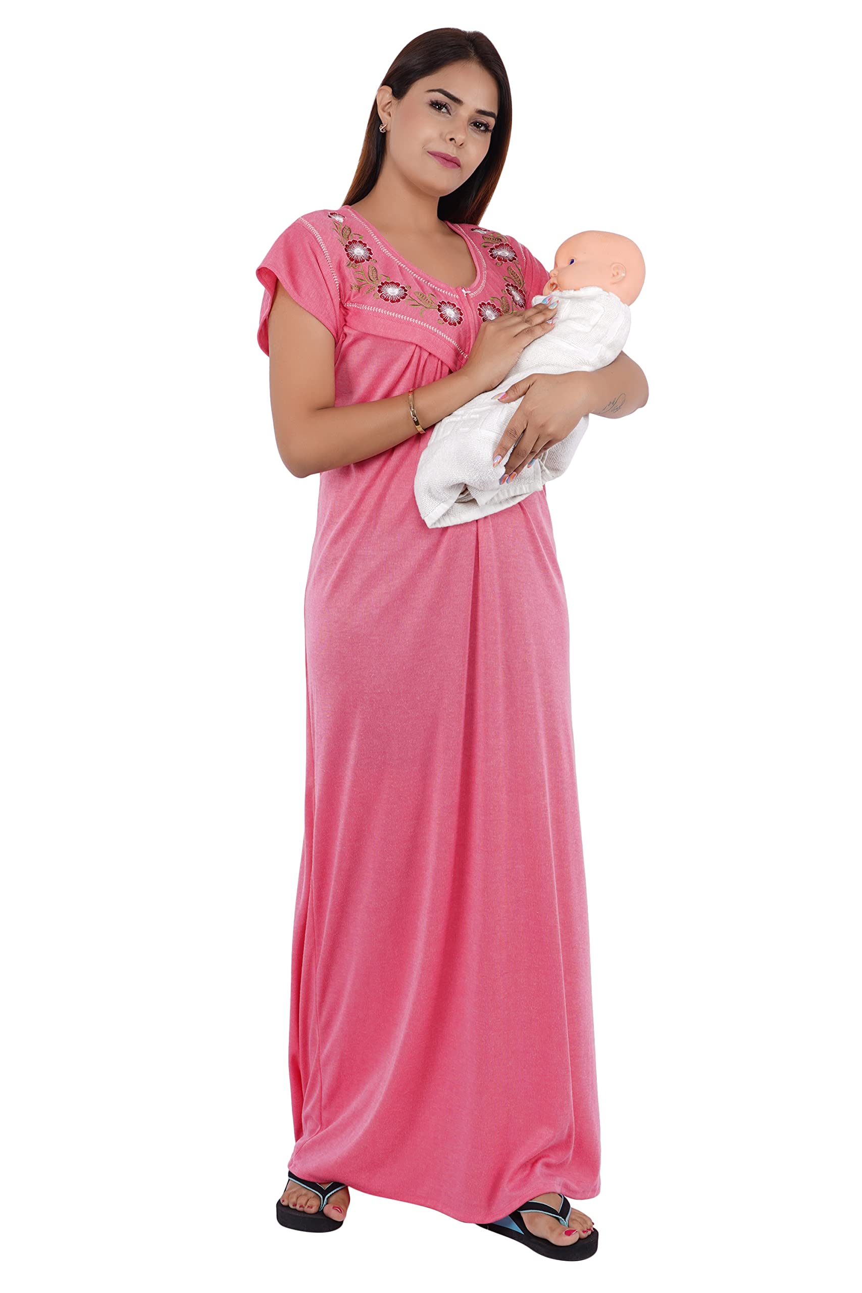 Women's Baby Feeding Printed Half Sleeves Maternity Nighty with Both Side Chain Nightdress Maxi | Size-Large, V Shaped Neck (Article-FD-036) Pink-picture-29