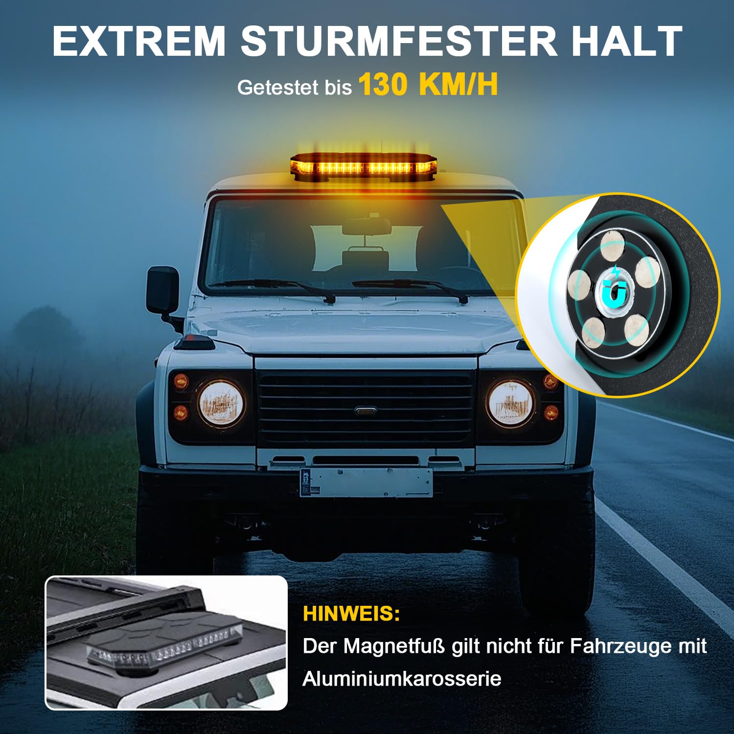 42 LEDs Rundumleuchte Gelb mit Magnet - 12V 24V Warnleuchte, 3.8m Kabel, IP68 Wasserdicht, 38 Blitzmuster für LKW, Bau, Wohnmobil, Auto, Stapler, Traktor, Golfwagen, Anhänger, Schneepflug