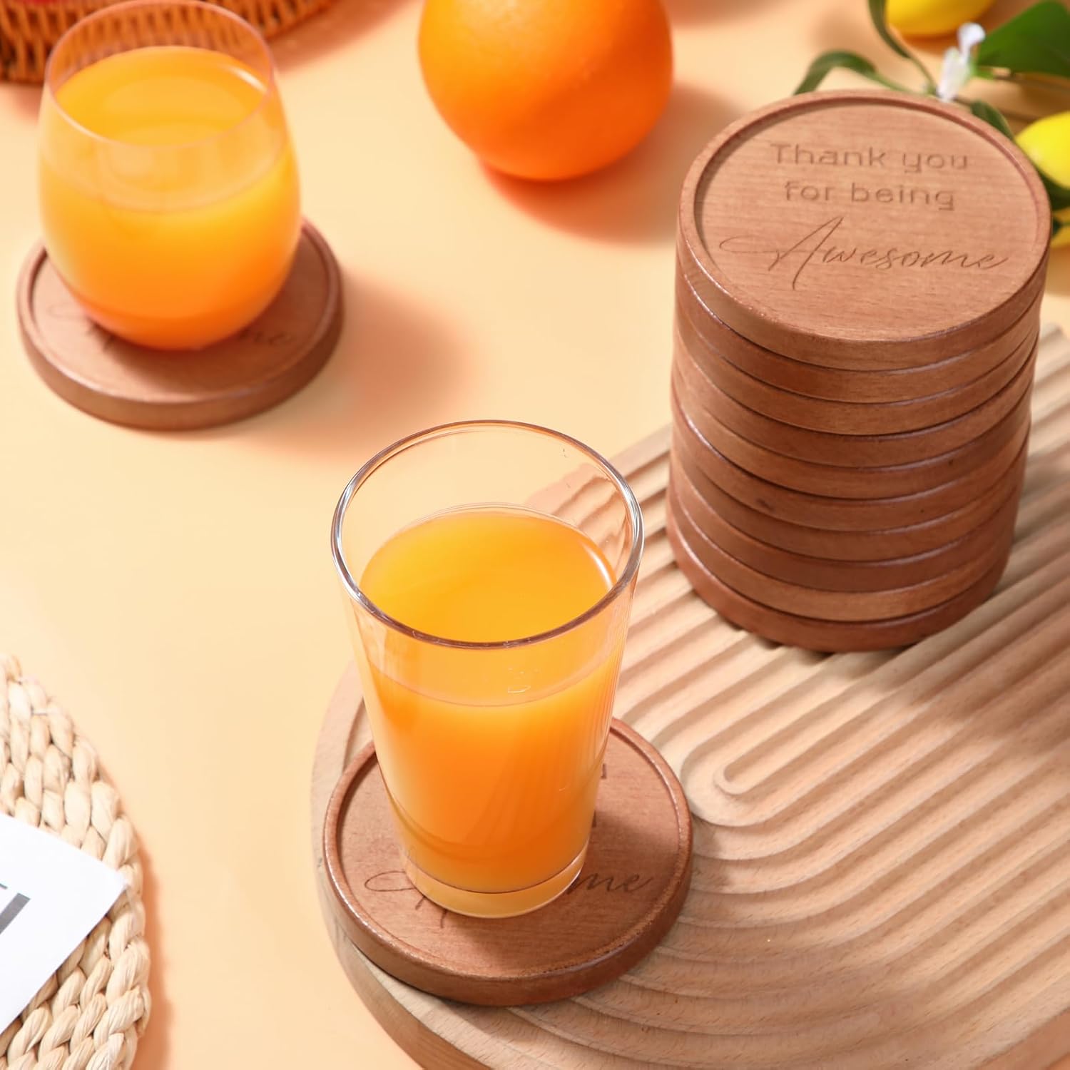 12 Pcs Christmas Thank You Acacia Coasters Appreciation Gifts for Employee 4 Inches Round Wooden Coasters for Teachers Colleagues Home Party Favors Desk Table Protection Supplies(Awesome)
