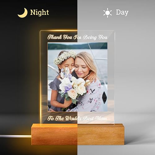 Miniatura 2 de Lámpara de fotos personalizada con luz LED 3D grabada con nombre y palabras, letrero de luz acrílica, soporte de madera, lámpara de mesa para mamá,