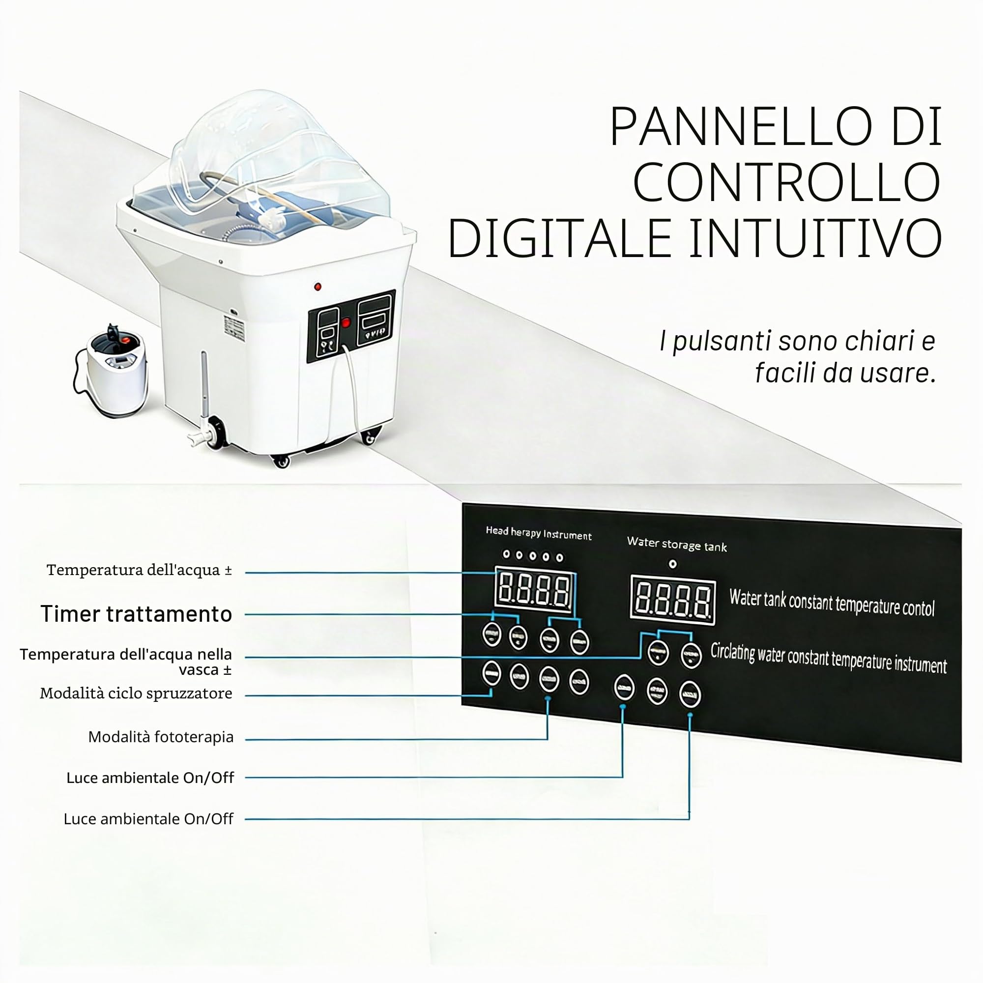 Head-spa dispositivo con cascata e massaggio idro-jet, vaschetta massaggiante professionale con cromoterapia a 7 colori, ideale per saloni, spa e casa (bianco)