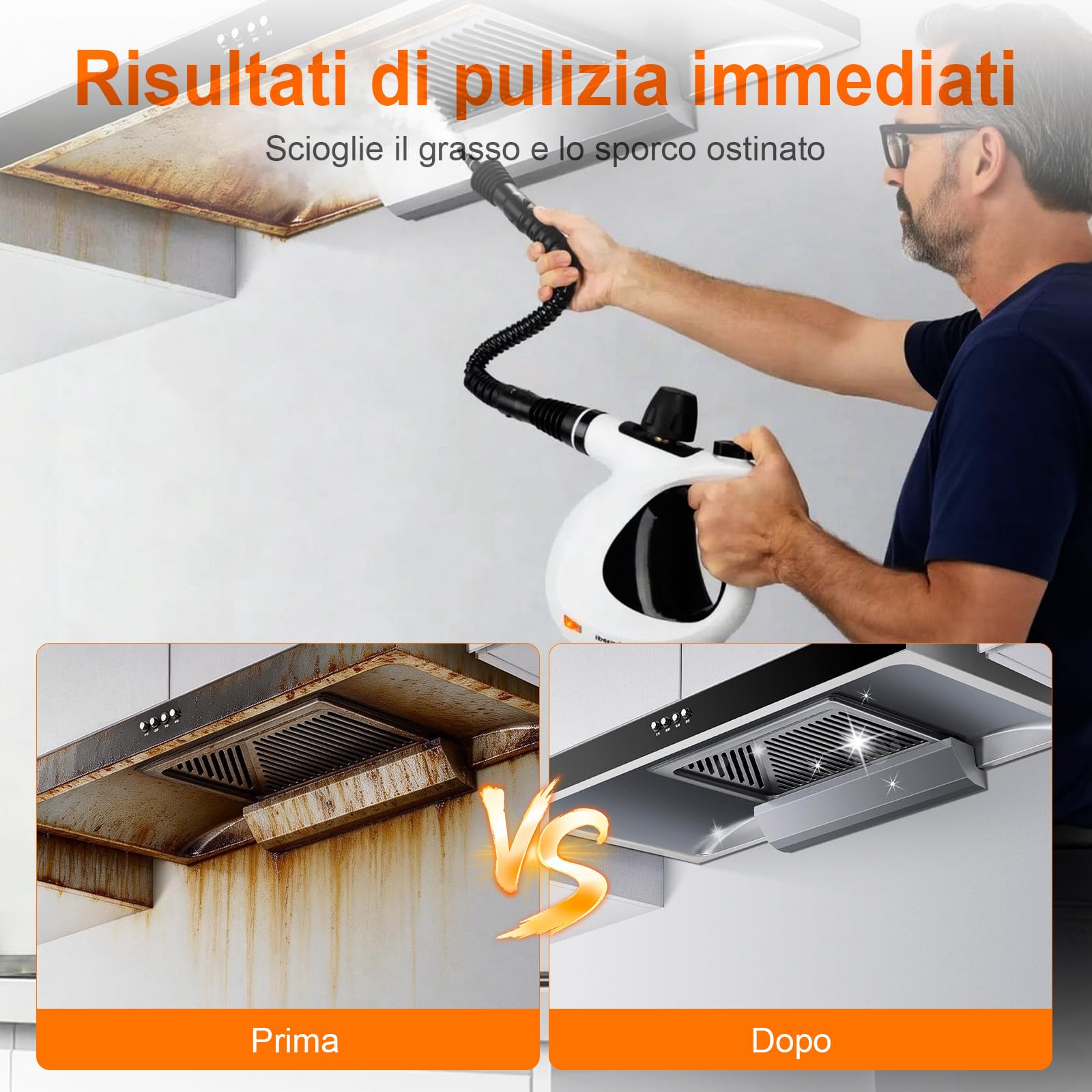 Ibergrif Pulitore a Vapore Portatile, Pistola a Vapore 1050W con 9 Accessori, 3 Bar Alta Pressione, Soluzione Naturale Senza Additivi, per Divani, Cucina, Fughe e Vetri, 350ml, Bianco