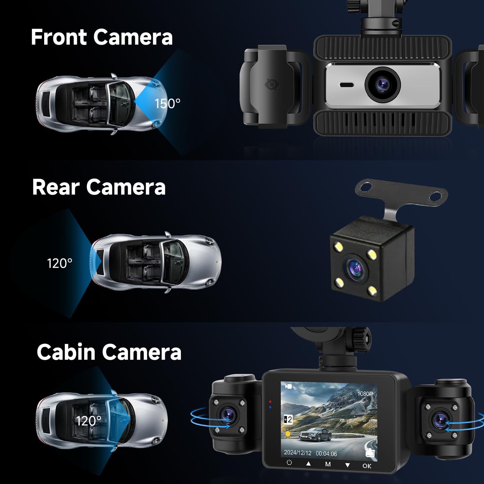 Retoo 3-in-1 Dashcam – 170° Groothoek – 4 Inch Scherm – Incl. Voor-, Binnen- & Achtercamera – G-Sensor, Bewegingsdetectie, Parkeerbewaking – Full HD 1080p – 360° Zicht 3 miniatura