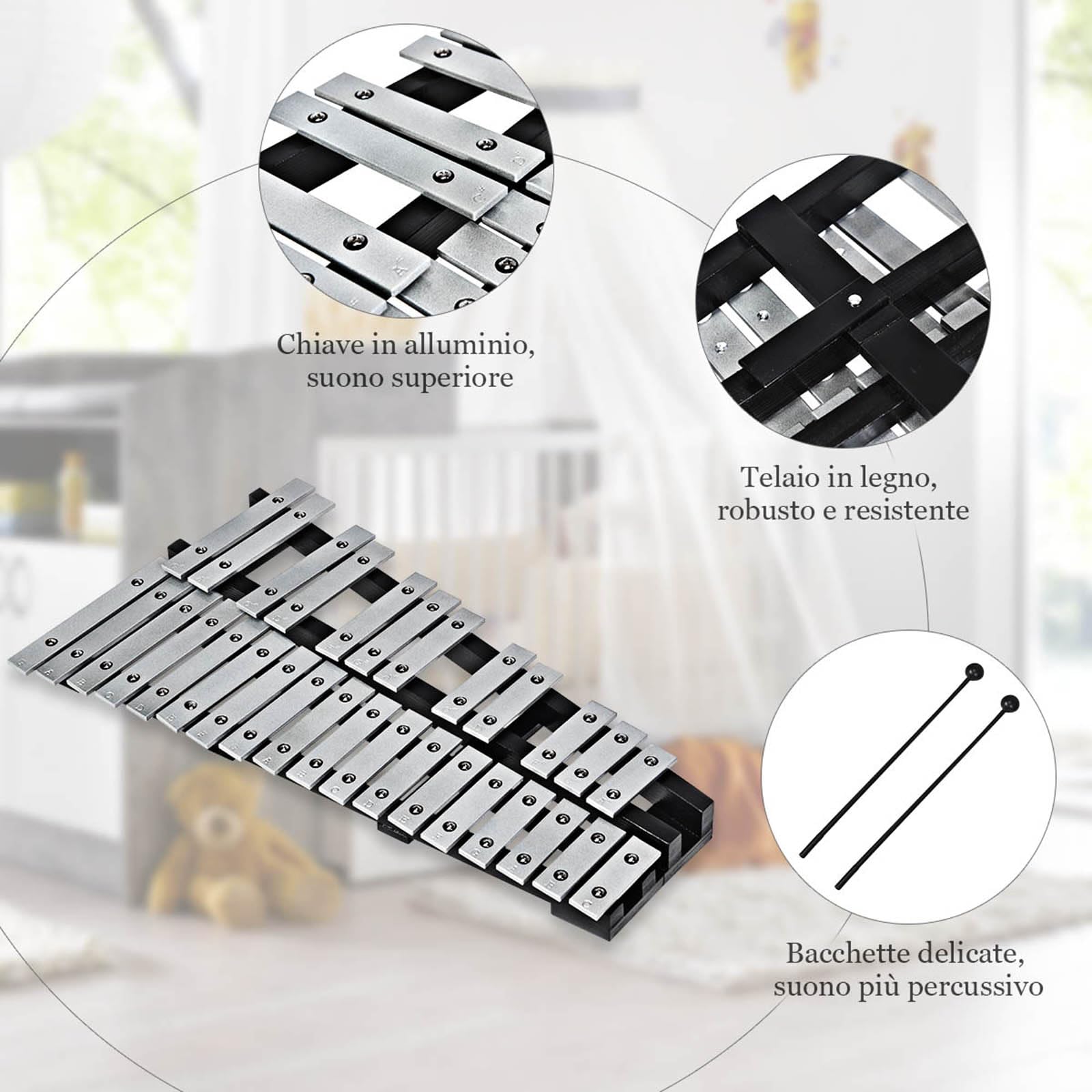 COSTWAY Xilofono 30 Note Metallofono per Bambini Glockenspiel Pieghevole con Borsa e Bacchette