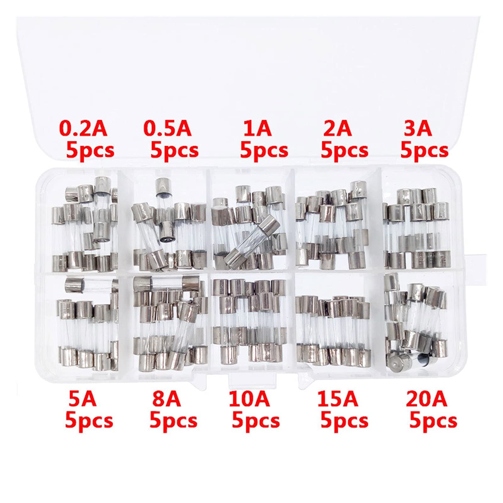 Sicherung 50 Stück flinke Glassicherungen Set 5 x 20 mm 0,2 A, A 1 A A 3 A A 8 A 10 A 15 A A